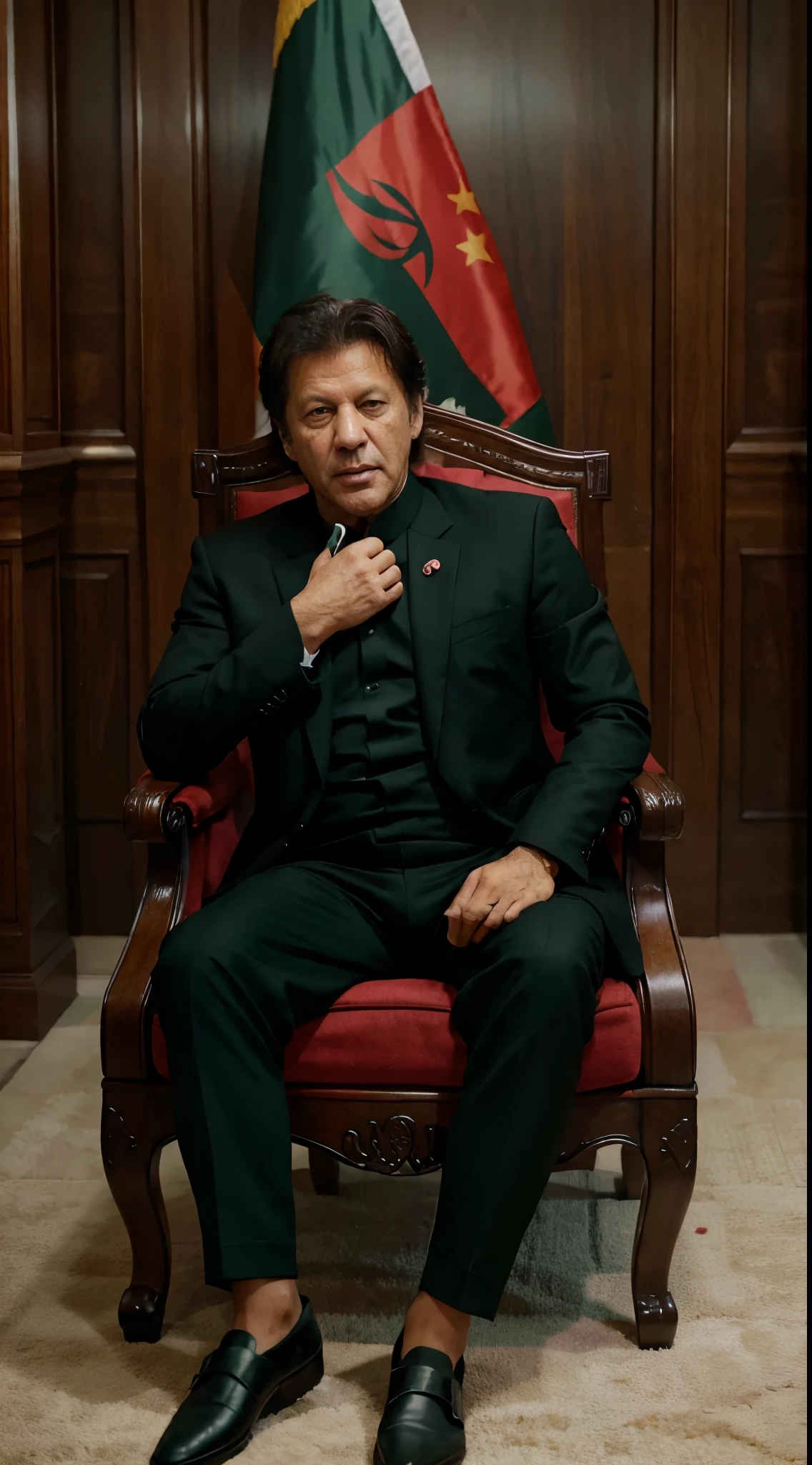 PM (IMRAN KHAN) is sitting on the luxury chair and wear black mafia suit with (PTI)flag green and red combination of color , speech in supreme court,3d realistic 4k