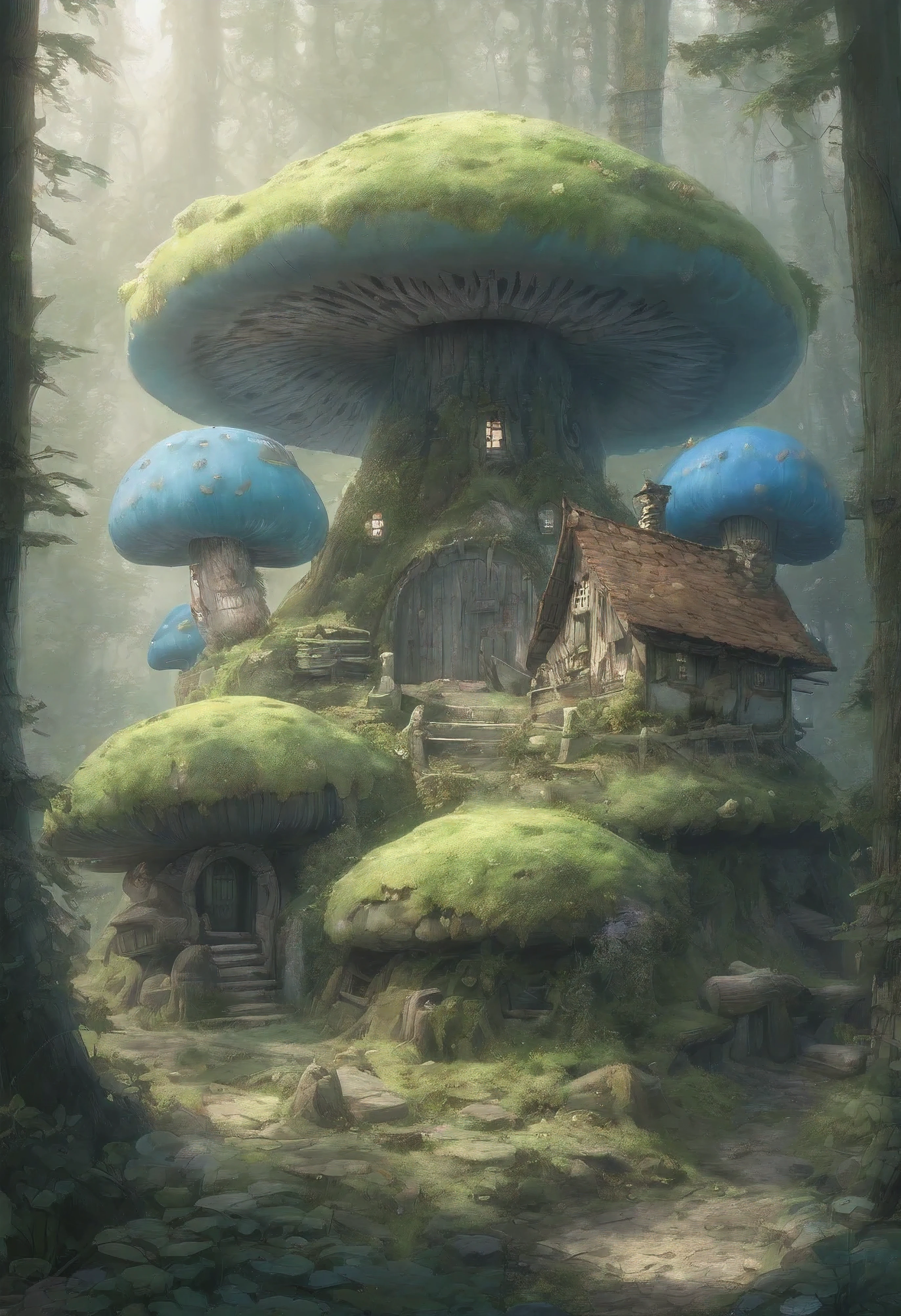 last inn within sight, surrounded by'a giant forest of blue and green mushrooms