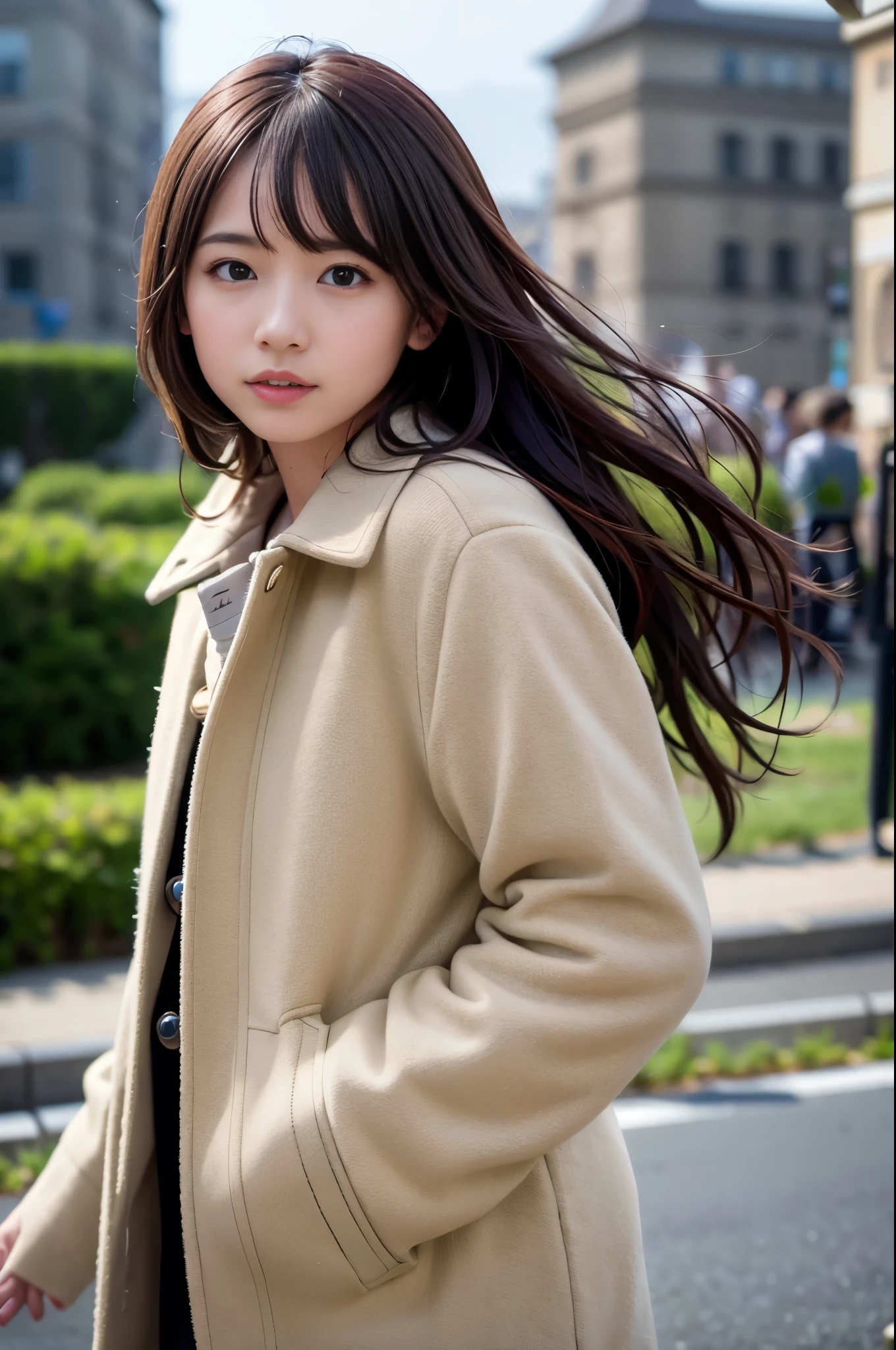  (8K, RAW photo, highest quality, masterpiece:1.3), (realistic, photo-realistic:1.4), (Highly detailed 8K wallpaper), sharp focus, Depth of written boundary,
 japanese idol,very cute, baby face,(coat:1.3),(long hair :1.3), Upper body, highly detailed face and eyes,((shiny skin:1.2)), cinematic lighting, soft light, blur background, (A city with historical landmarks, such as a castle or a cathedral)