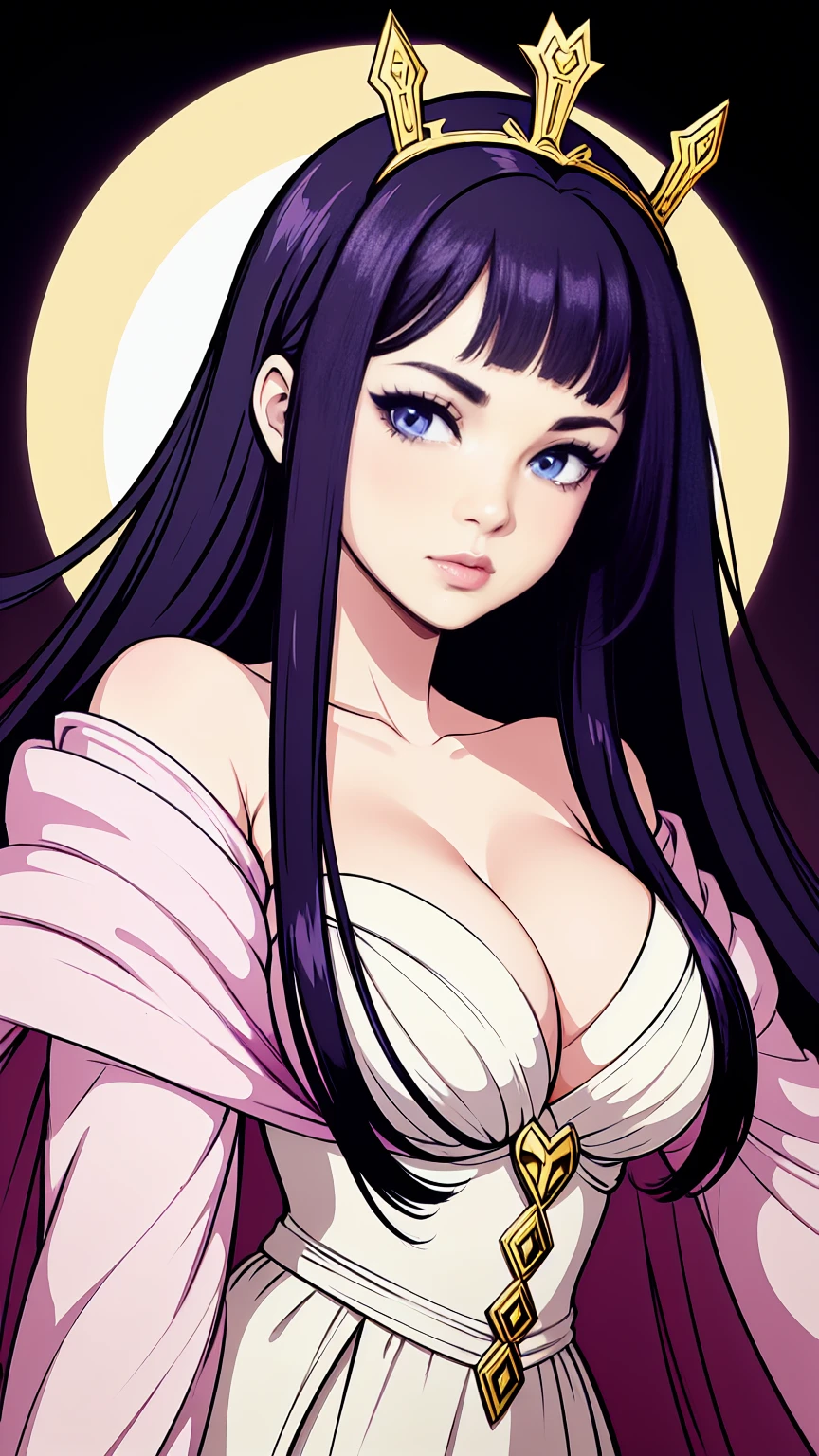 Portrait bust only, beautiful woman, queen of night and dreams, extra long hair, attractive and seductive regards, very colorfull, portrait bust