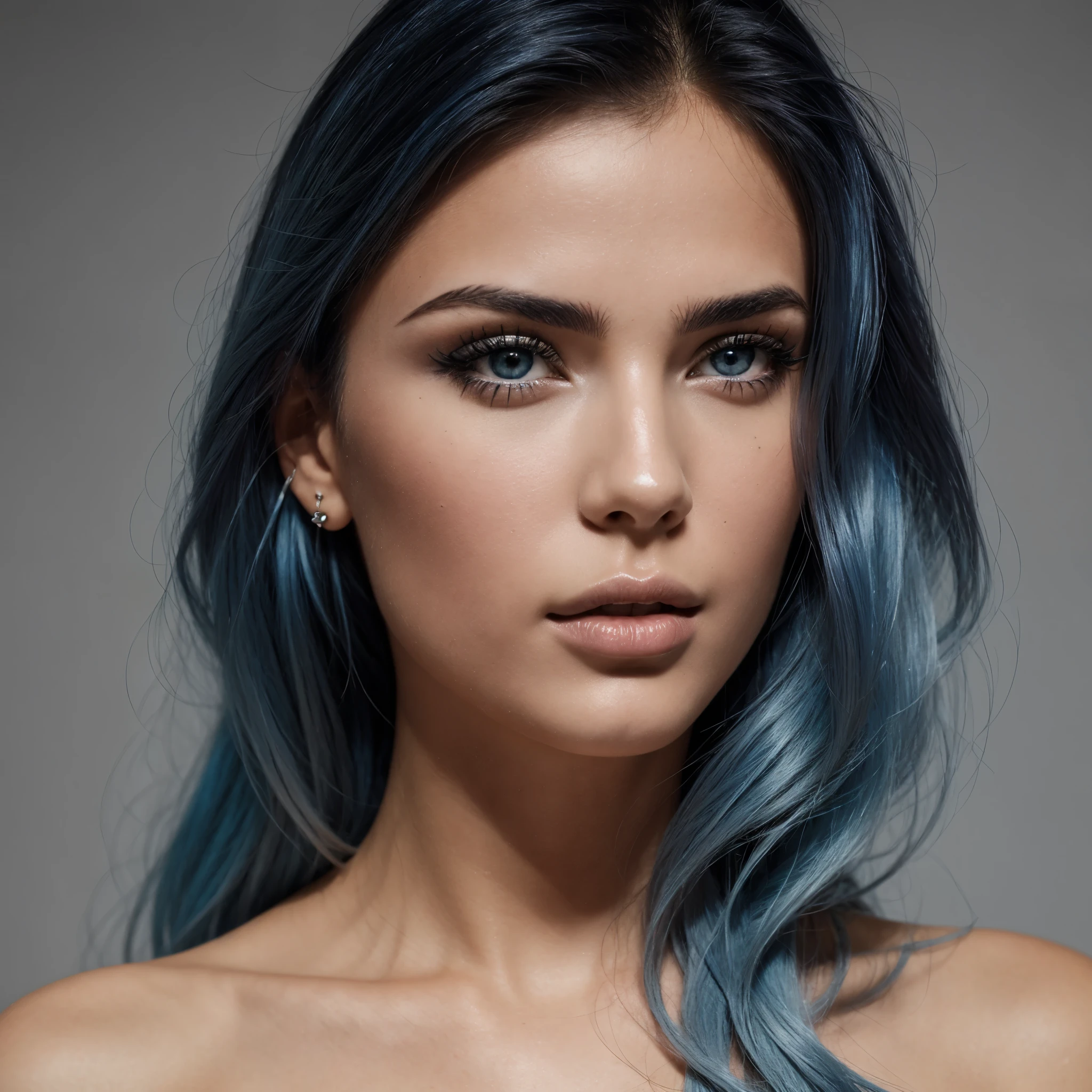 model woman with blue hair, gray eyes, luscious lips, Spanish appearance