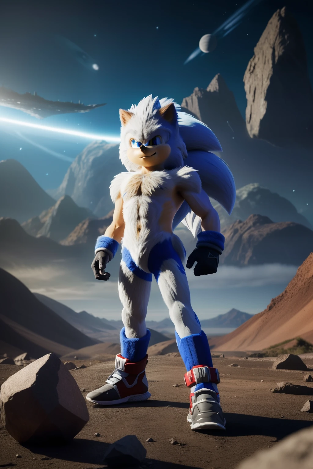 Masterpiece of art, best quality, ultradetailed, Solitary Sonic Hedgehog, Alone, super sharp focus 5, Whole body, Evil smirk, grey and spiky hair, pointed eyes, glowing red, Dougi, Whole body, gazing at the spectator, Masculine focal point, Earth (planet), Planet, Space, Cracked terrain and rocks rising, Debris rising,
This masterpiece portrays a solitary Sonic Hedgehog, standing alone in the midst of a cracked and rugged Earth terrain. The focus is on his muscular and defined body, accentuated by the sharp and detailed pixels of this