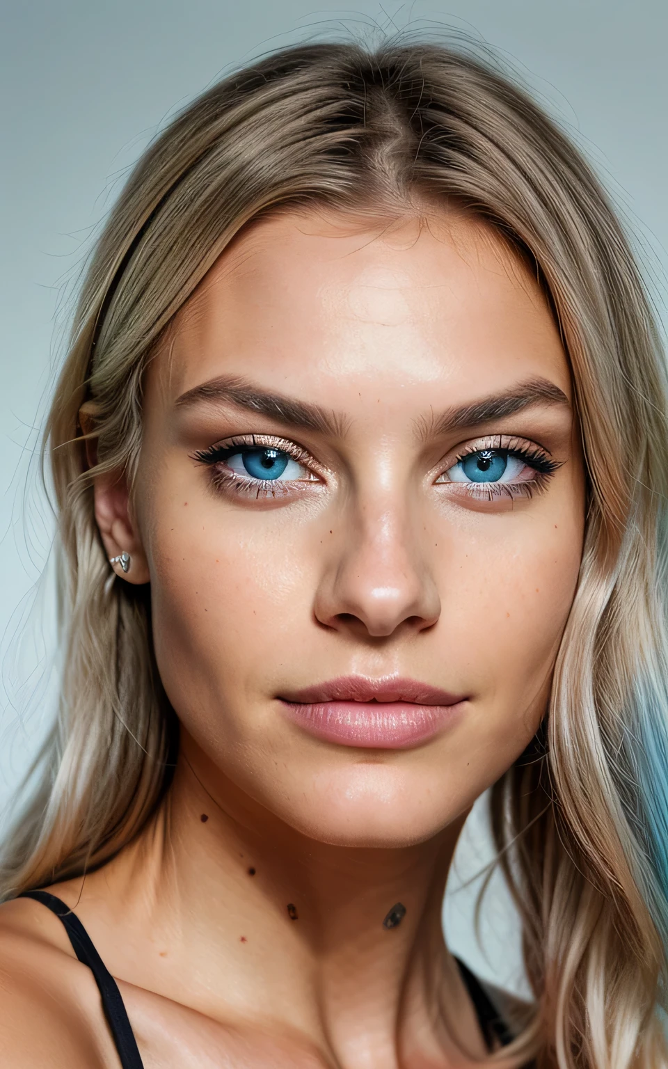full portrait of a young Swedish woman, smiling, skin pores, dramatic lighting, ambient occlusion, very high level of detail, intricate skin details, skin imperfections, beautiful face and fascinating eyes, sharp details, hyper realistic, sharp focus,ect perfdetailed anatomy, perfect detailed face, perfect details, eyes, octane rendering, 8k, masterpiece, maximum quality, nose ring, Silver Blond hair, blue eye, a lot of frekles, hyperdetailed photography, sony a7iii