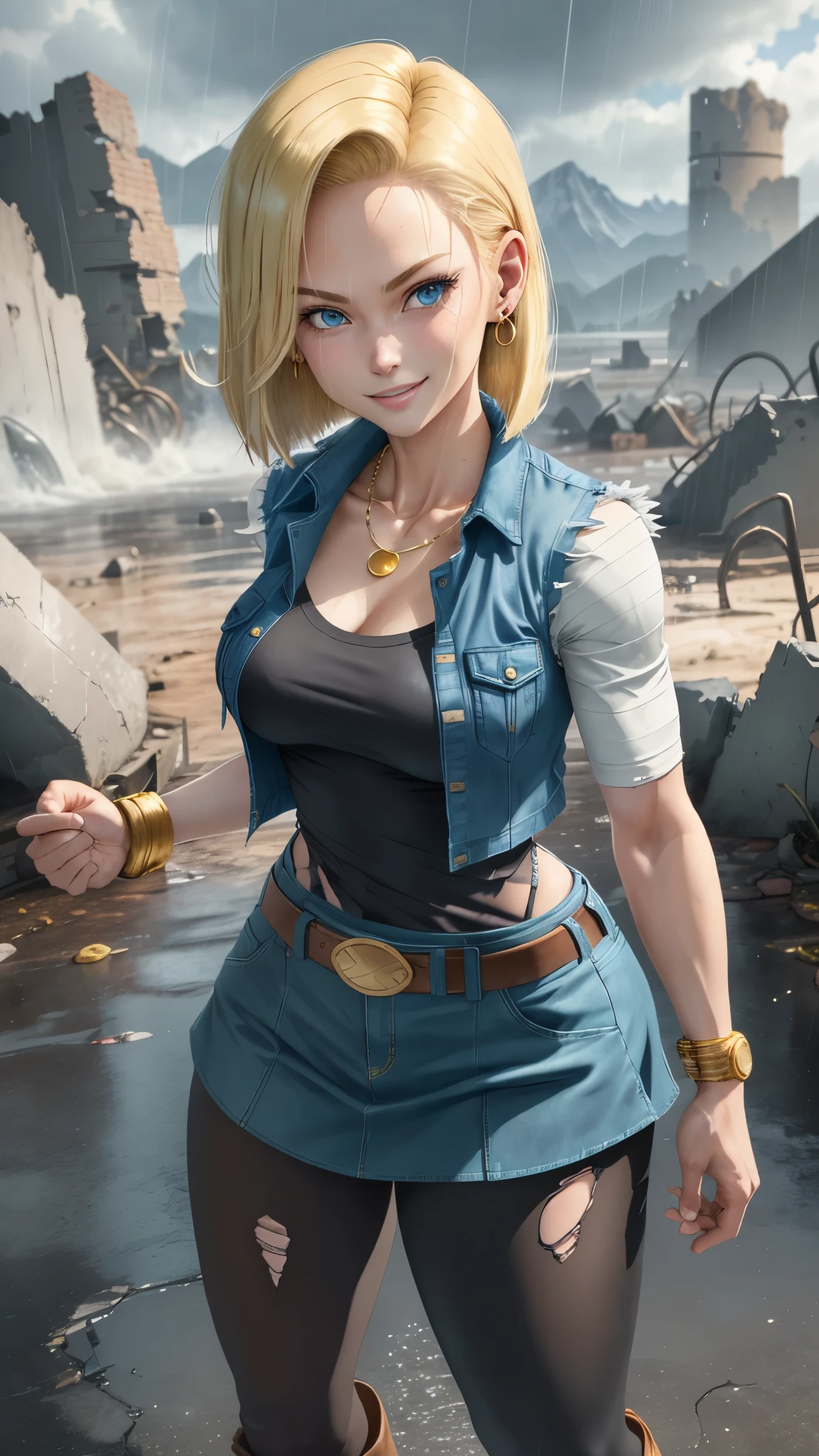 best quality, highres, and18, 1girl, android 18, solo girl, 1girl, blonde hair, blue eyes, belt, boots, tight blue demin skirt, gold_necklace, black shirt, short hair, long striped sleeves, earrings, open vest, denim vest, medium breasts, cowboy shot, mountains, straight-on, (weather: raining and windy), wet body, sexy smile, combat stance, full length pantyhose, battle ruins, wide hips, thick legs, torn clothes, closed fists,