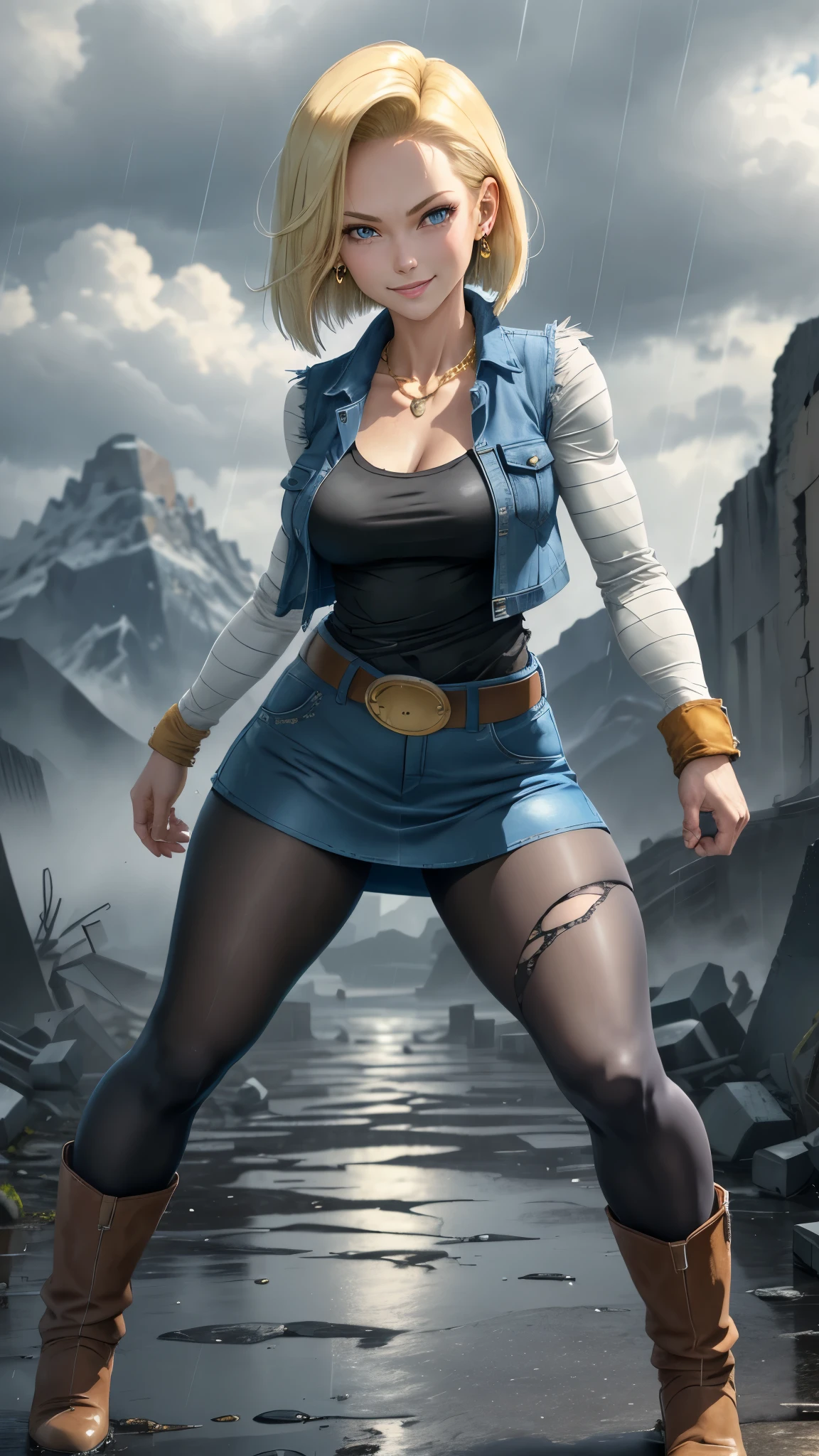 best quality, highres, and18, 1girl, android 18, solo girl, 1girl, blonde hair, blue eyes, belt, boots, tight blue demin skirt, gold_necklace, black shirt, short hair, long striped sleeves, earrings, open vest, denim vest, medium breasts, cowboy shot, mountains, straight-on, (weather: raining and windy), wet body, sexy smile, combat stance, full length pantyhose, battle ruins, wide hips, thick legs, torn clothes, closed fists,
