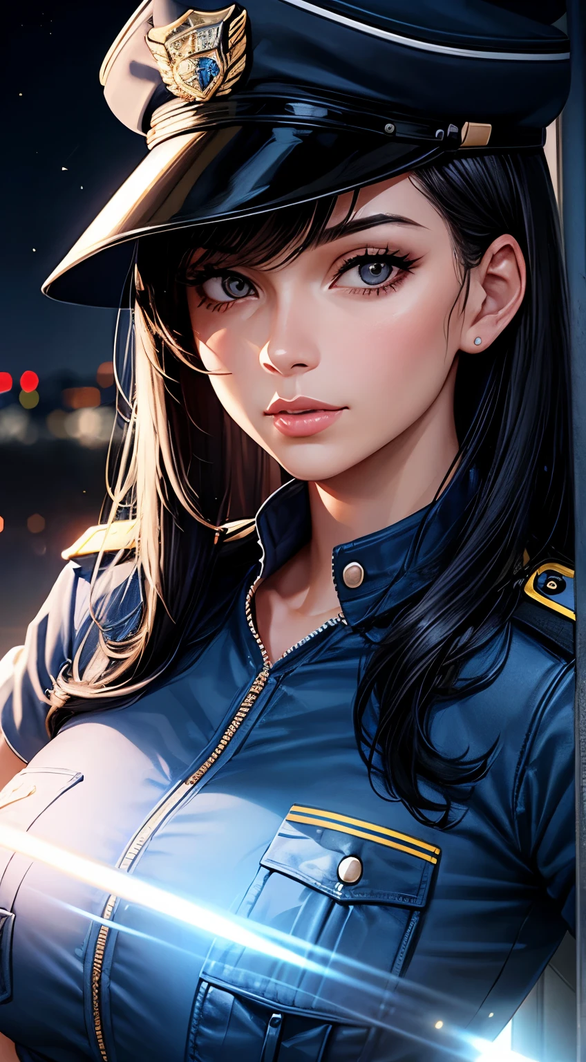 Woman, 30 years, adult, black hair, sexy police officer in uniform, nigth, soft ligth, face detail, cut-in, fingers --style realistic-imagine -