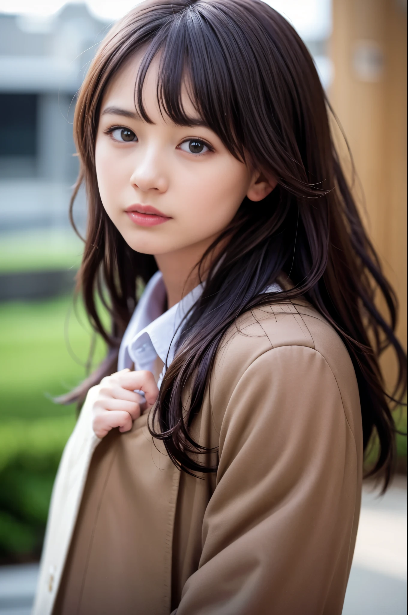  (8K, RAW photo, highest quality, masterpiece:1.3), (realistic, photo-realistic:1.4), (Highly detailed 8K wallpaper), sharp focus, Depth of written boundary,
 japanese idol,very cute, ,(coat:1.3),(long hair :1.3), Upper body, highly detailed face and eyes,((shiny skin:1.2)), cinematic lighting, soft light, blur background, (A city with historical landmarks, such as a castle or a cathedral)