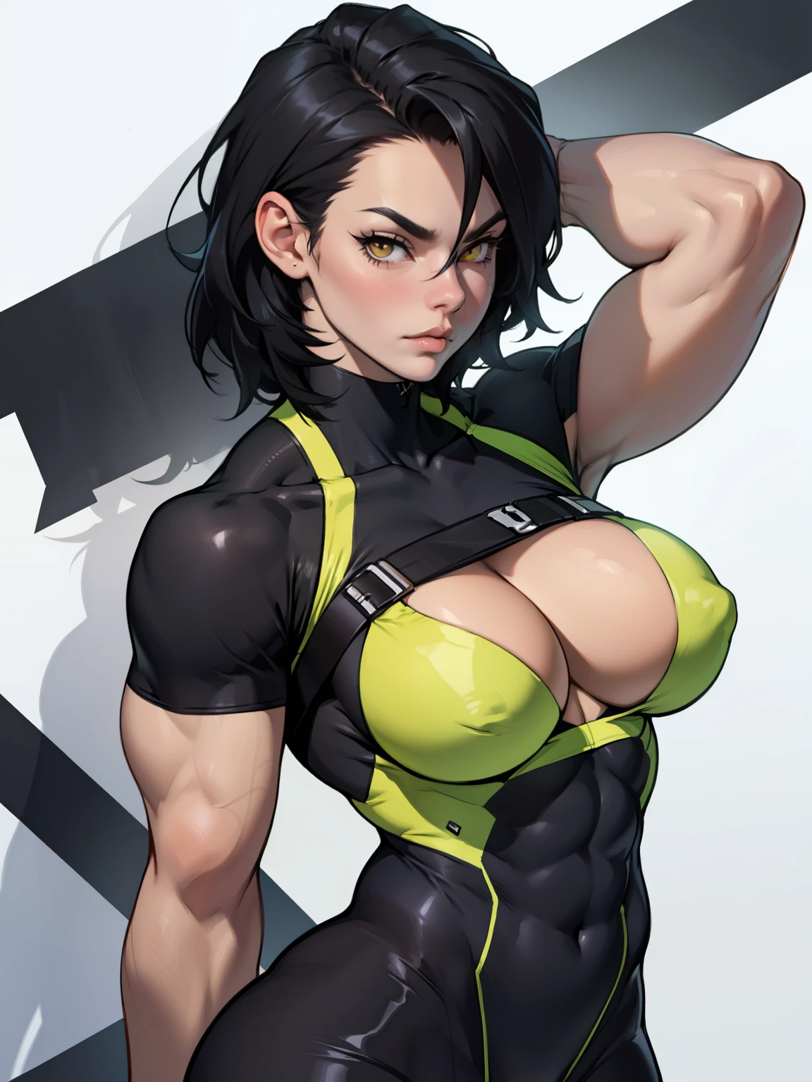 girl muscles large breasts pale skin black hair yellow eyes skintight