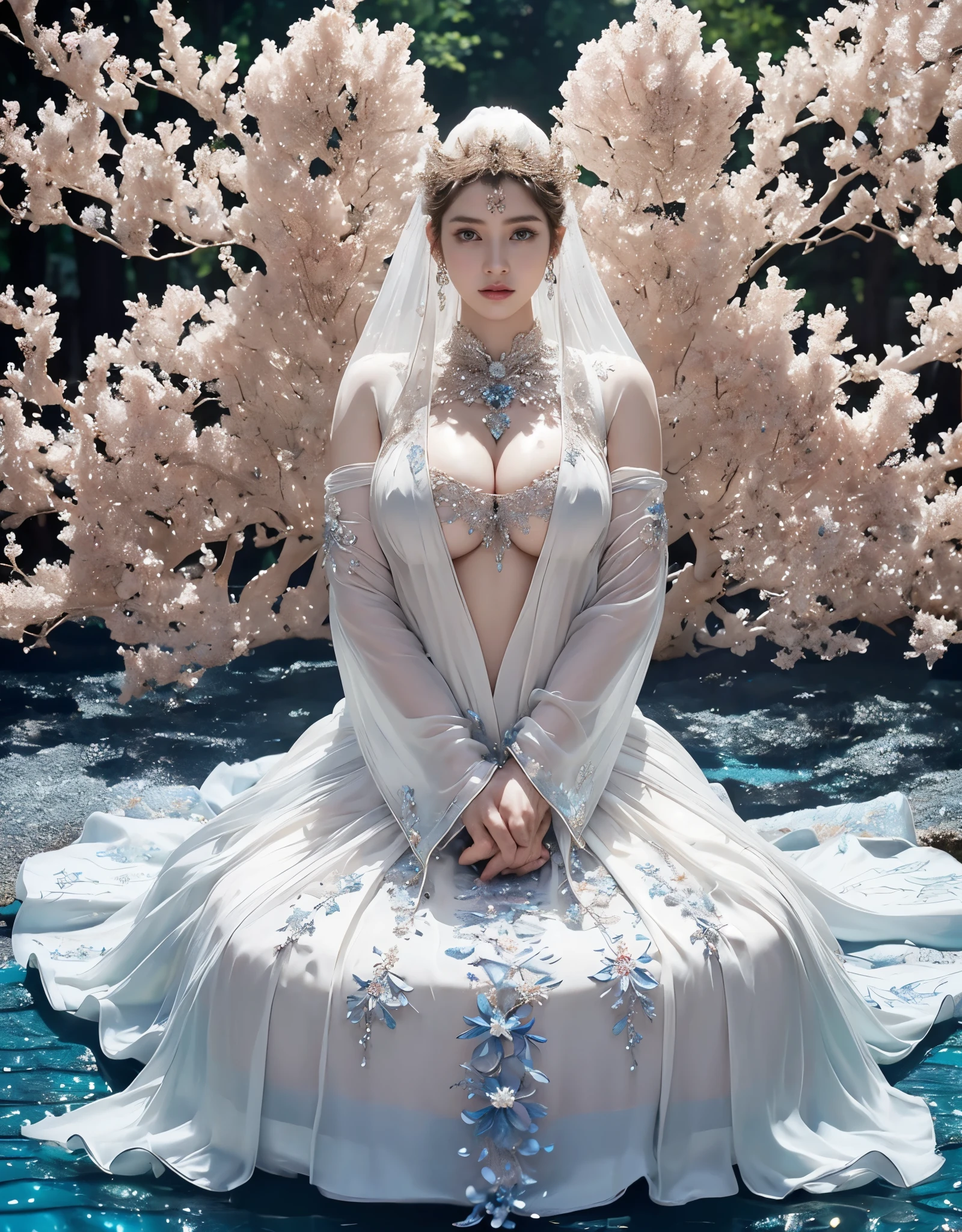 highest quality、masterpiece、Super high resolution、16k photos、(Blue Dragon Armor)、(((big breasts)))、(((large floral ornament on the head))),(((Micro bikini with attention to detail))),(wears a beautiful crown made of precious stones),(Photoreal:1.4)、RAW photo、1 girl、(((random hair))、(((take various poses)))、glowing skin、(((white dragon)))、intricate and gorgeous hair ornaments、(Looks like a gorgeous jewelry necklace)、(whole body angle)、(fight big dragonet bikini)、((beautiful lake background)),(beautiful forest background)、((Super realistic details))、Portrait、global illumination、(sexy pose)、Shadow、octane rendering、16K、big breasts、Raw skin exposed in the cleavage、Metal、intricate decorative details、Japan details、very intricate details、blue eyes、Eyes shining towards the camera、two stock、(whole body angle)、(veil)、(((heavy big))),((she is wearing a beautiful jeweled bangle.)),