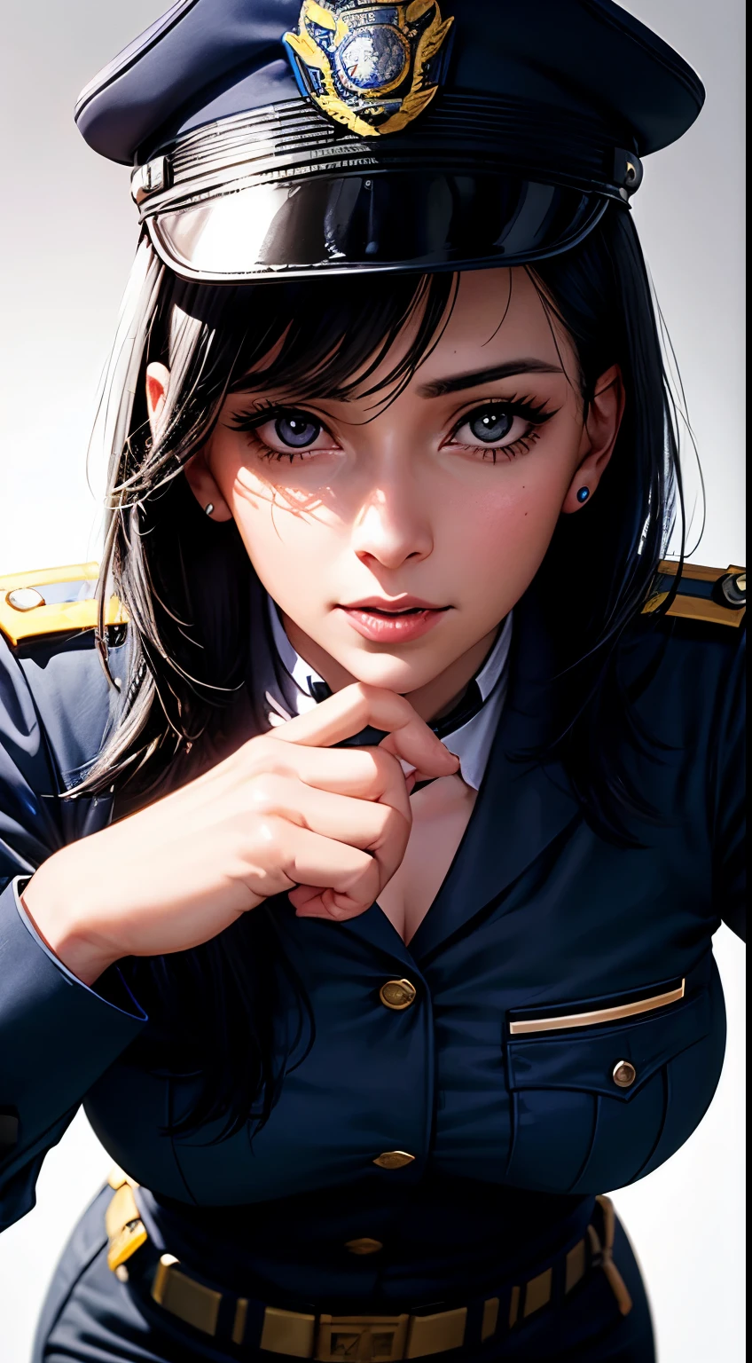 Woman, 30 years, adult, black hair, sexy police officer in uniform, nigth, soft ligth, face detail, from above, fingers --style realistic-imagine -