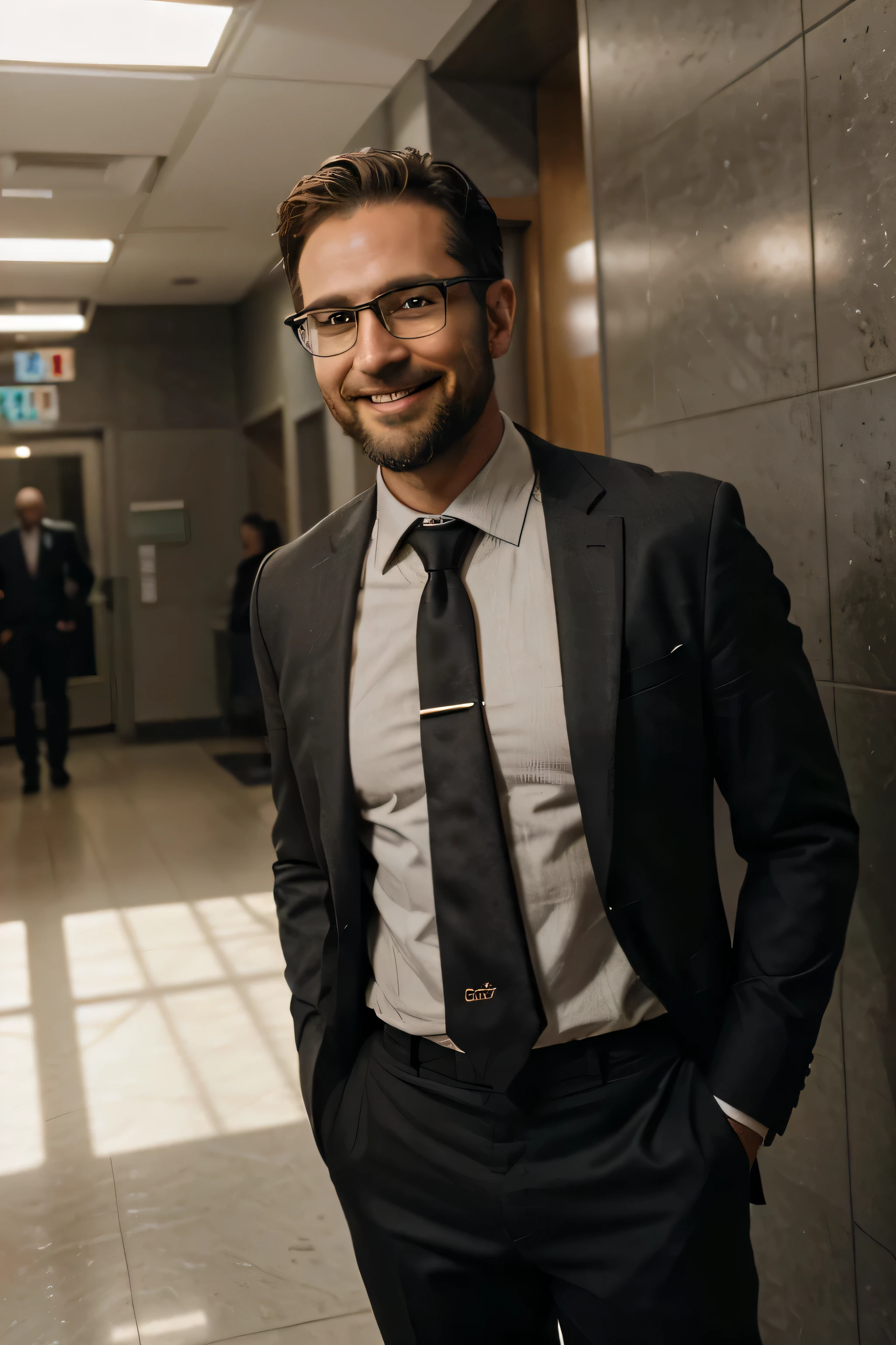  RAW photo, face portrait of a charming 36-year-old man with a short beard and glasses, standing in the lobby of a bustling construction site, exuding intelligence and confidence while smiling at the camera, wearing a corporate suit without a tie, radiant with happiness, and enveloped in dramatic, hard shadows and cinematic lighting.