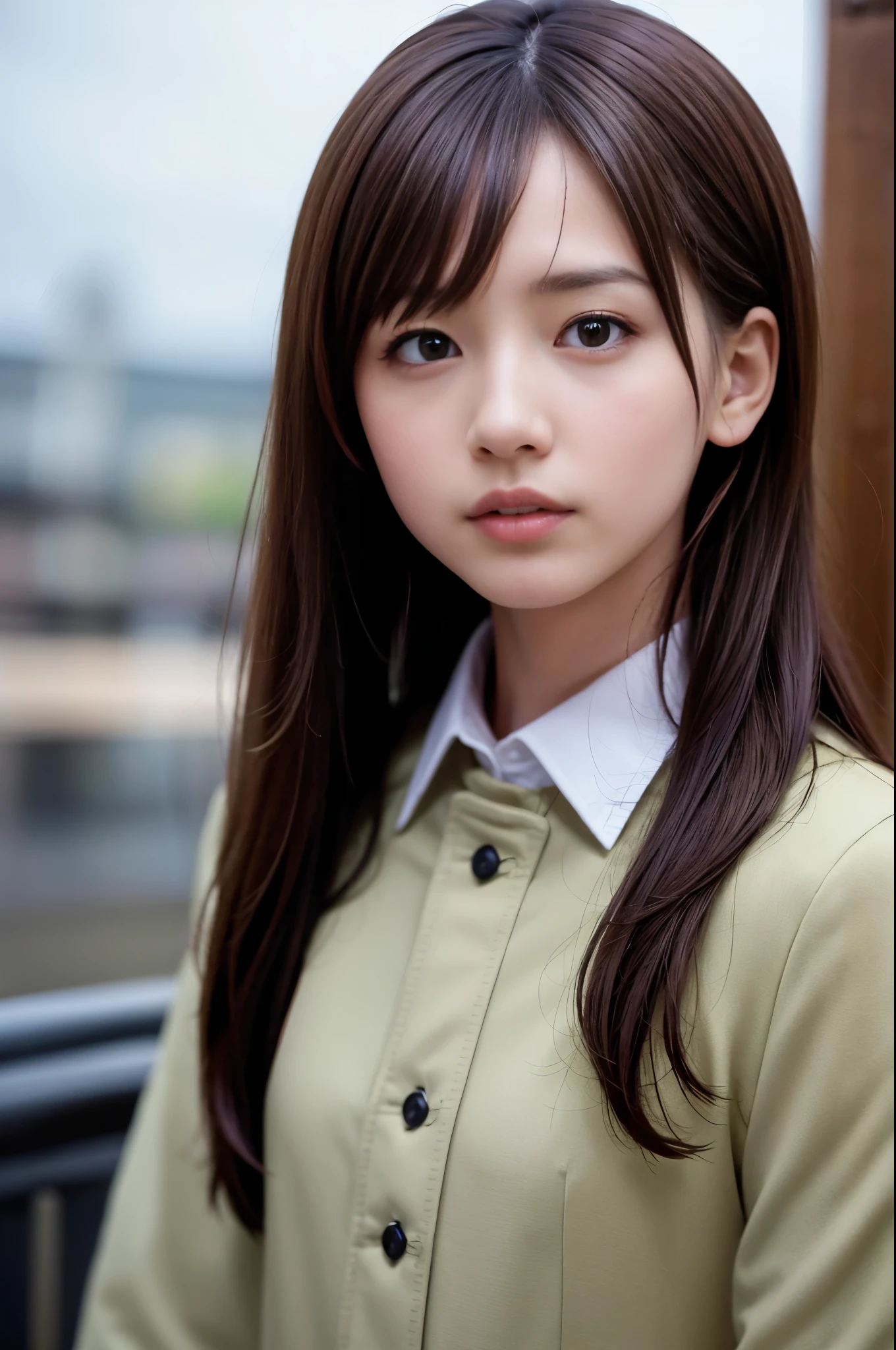 (8K, RAW photo, highest quality, masterpiece:1.3), (realistic, photo-realistic:1.4), (Highly detailed 8K wallpaper), sharp focus, Depth of written boundary,
japanese idol,very cute, baby face,(coat:1.3),(long hair :1.3), Upper body, highly detailed face and eyes,((shiny skin:1.2)), cinematic lighting, soft light, blur background, (A city with historical landmarks, such as a castle or a cathedral)