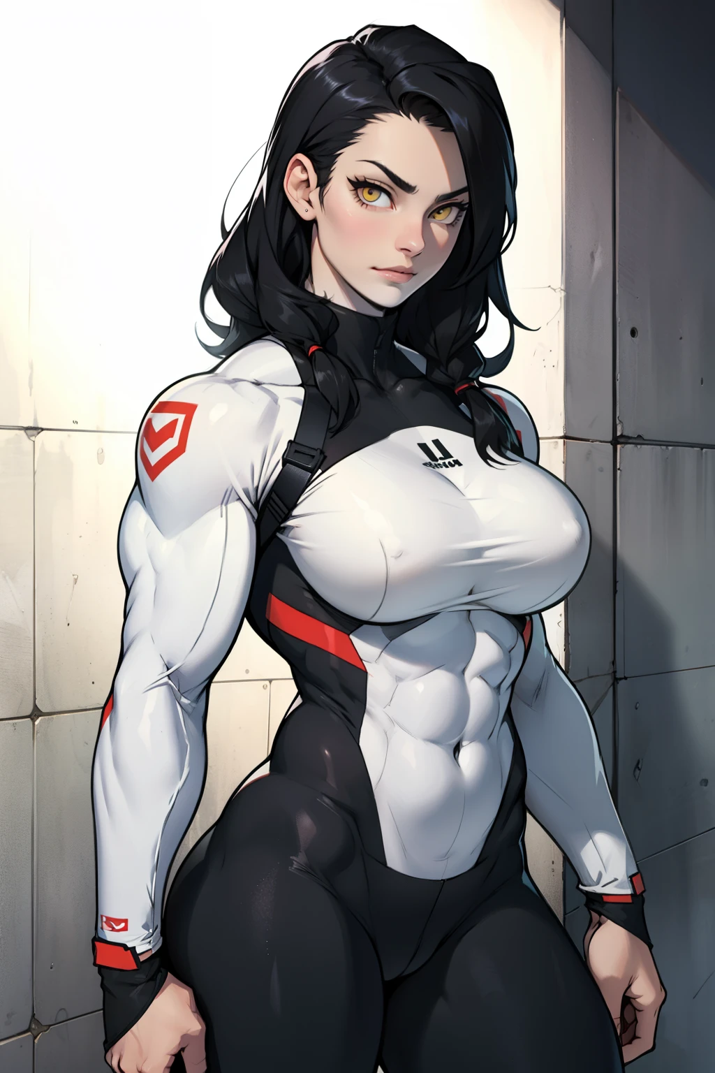 girl muscles large breasts pale skin black hair yellow eyes skintight