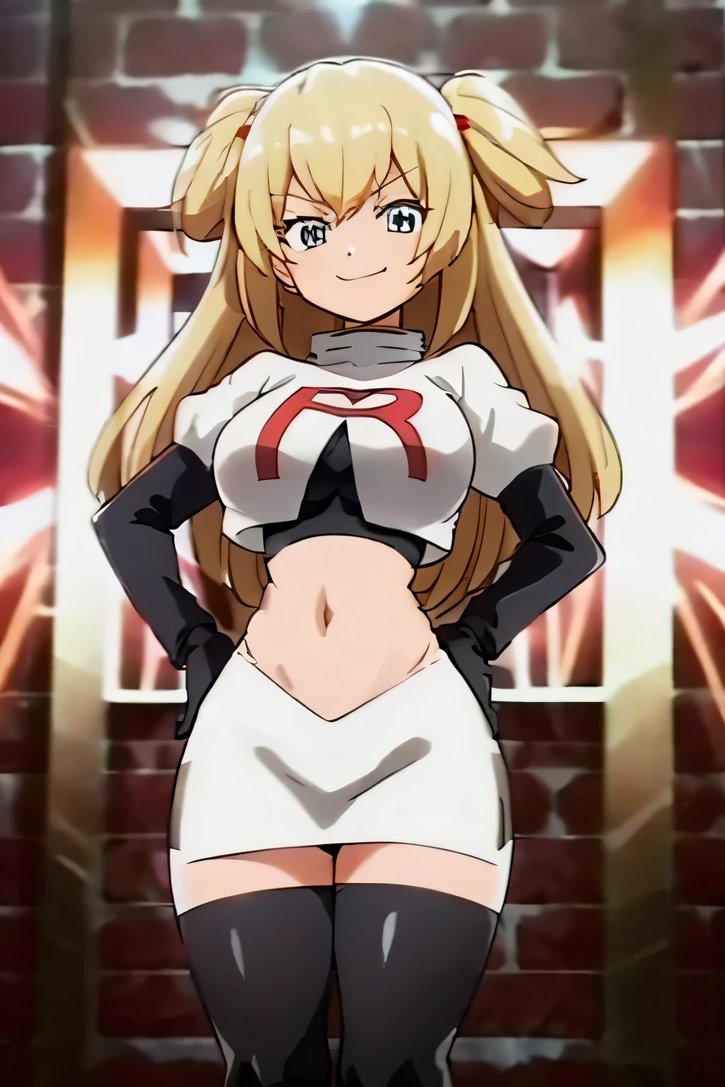 8k, anime screencap,1girl in, (solo:1.2), (perfect body:1.1), (best quality:1.1), very large breast, team rocket uniform, red letter r, white skirt,white crop top,black thigh-high boots, black elbow gloves, evil smile, looking down at viewer, hands on hips,zettai ryouiki,