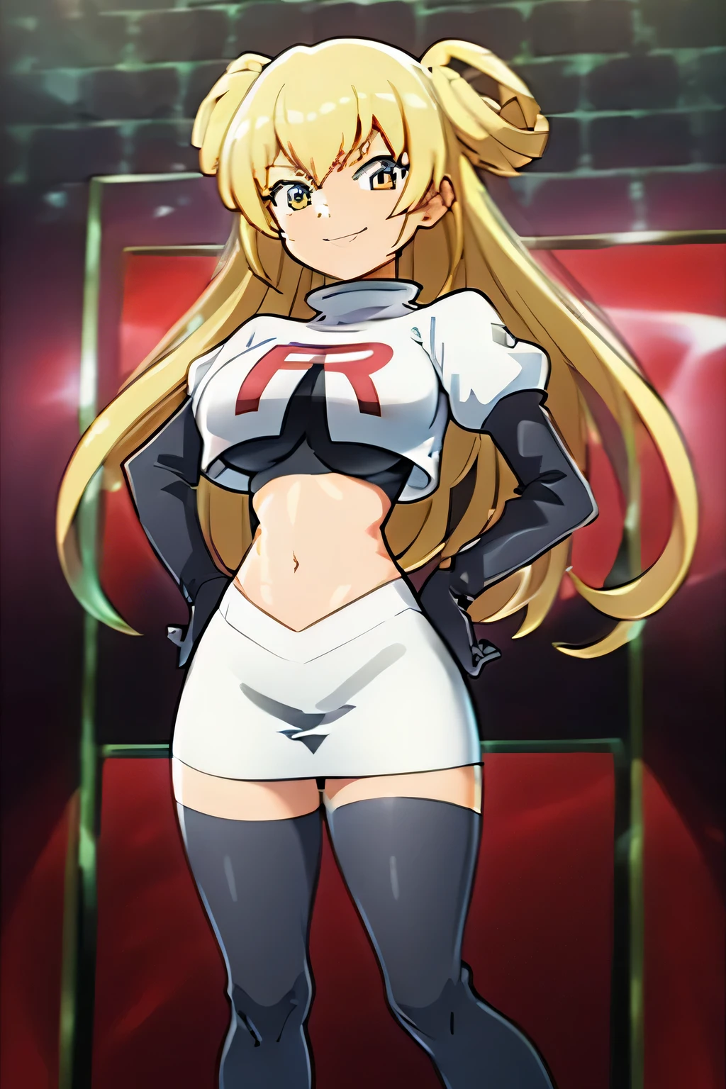 8k, anime screencap,1girl in, (solo:1.2), (perfect body:1.1), (best quality:1.1), very large breast, team rocket uniform, red letter r, white skirt,white crop top,black thigh-high boots, black elbow gloves, evil smile, looking down at viewer, hands on hips,zettai ryouiki,