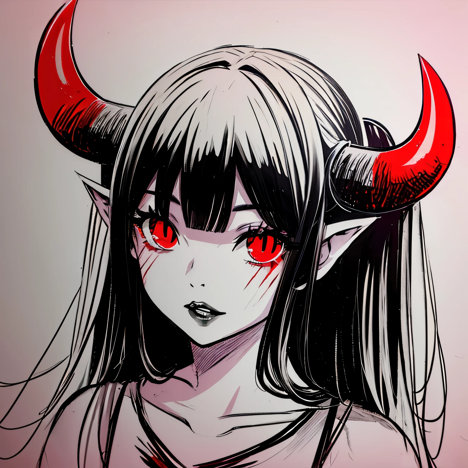 make a horror portrait of a devil horned girl with red blood in her face black and white colors