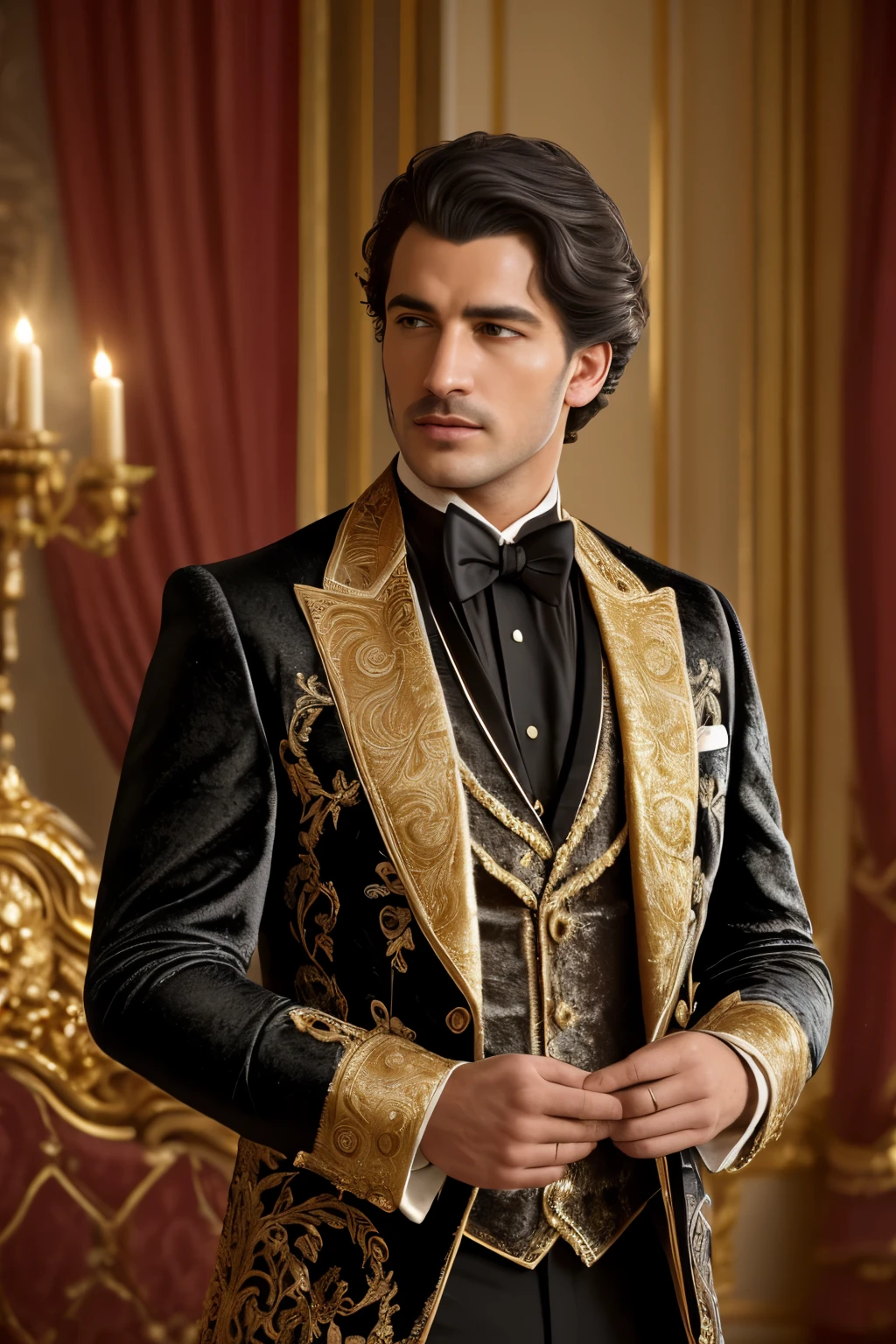 Men in Rococo coats, an exquisite display of opulence and elegance, clad in richly textured velvet or silk, intricately adorned with gold and silver brocade, voluminous and flowing, billowing in the gentle breeze, cinematic lighting casting a warm, golden glow, a loose painting style capturing every detail, from the delicate folds of the fabric to the intricate patterns woven into the coats, octane render adding depth and dimension to the image, 8k render bringing out every detail in high resolution, volumetric lighting enhancing the sense of depth and texture, a scene straight out of a grand ballroom, men looking dapper