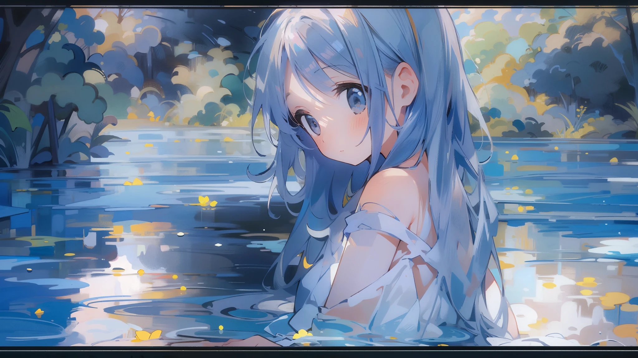 absurd, High resolution, (anime style:1.1), ((table top)), ((highest quality)), (Super detailed), (beautiful), alone, beautiful face、9. blue reflection：Woman sitting by a quiet blue pond，Her reflections blend in with the nature around her。The surface of the water gently ripples，Creates a sense of tranquility and clarity。12 years old、(Completely naked:1.4)