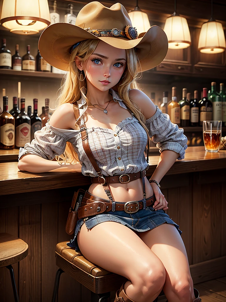masterpiece, Best quality, Maximum Resolution, high definition, 8K super detailed with cracks, Cowgirl, beautiful blonde woman with blue eyes looking at the viewer, flannel shirt rolled up with red and black checkered patterns, button undone, suspenders, tight short skirt cowboy, revolver holster with revolver, belt with buckles, buckle, colt 45 old west revolver, brown cowboy hat, cowboy boots, sitting on top of the bar, inside the bar, panties, bartender girl with a small glass of whiskey