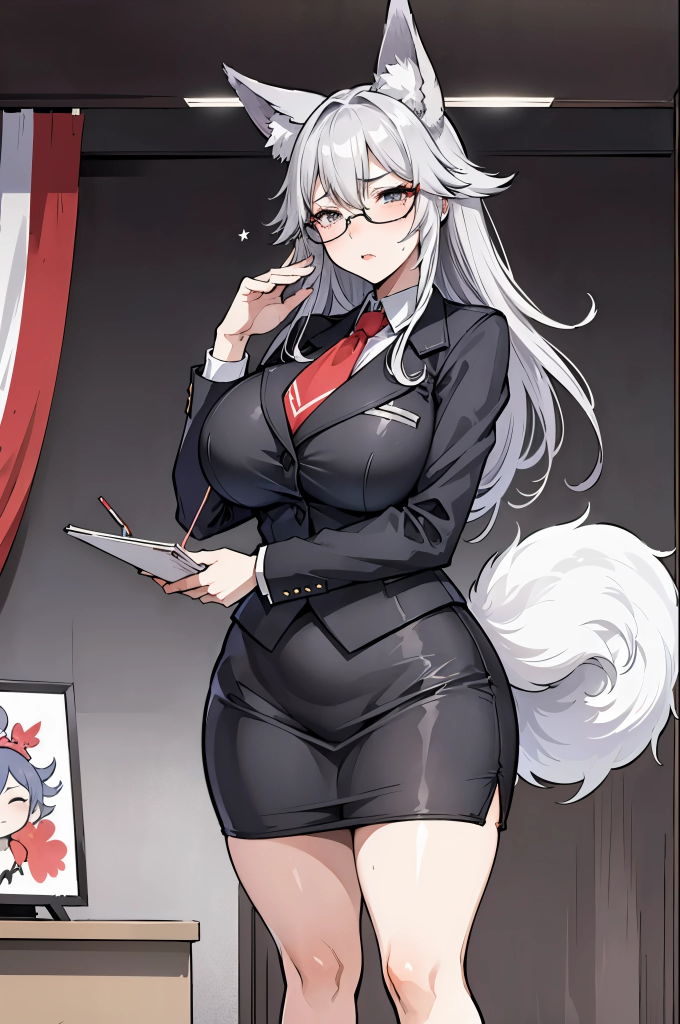 (masterpiece), best quality, expressive eyes, perfect face, tired face, stressed, mommy Kitsune, Fox Ears, Fox Tail, scruffy tail, ((Foxgirl President of the United States)), Gray eyes, lipstick, thick frame glasses, diamond in the rough, needs love and attention, chubby, milf, Gray hair, gray tail, gray fox ears, gray fur, President suit, Pencil skirt and tie, stressed world leader, tired but beautiful, standing behind presidential podium, in oval office, Old tired but beautiful milf Kitsune President is standing behind the Presidential podium giving a speech inside the Oval Office, american flag in background, America, ((watercolor speedart illustration)), 