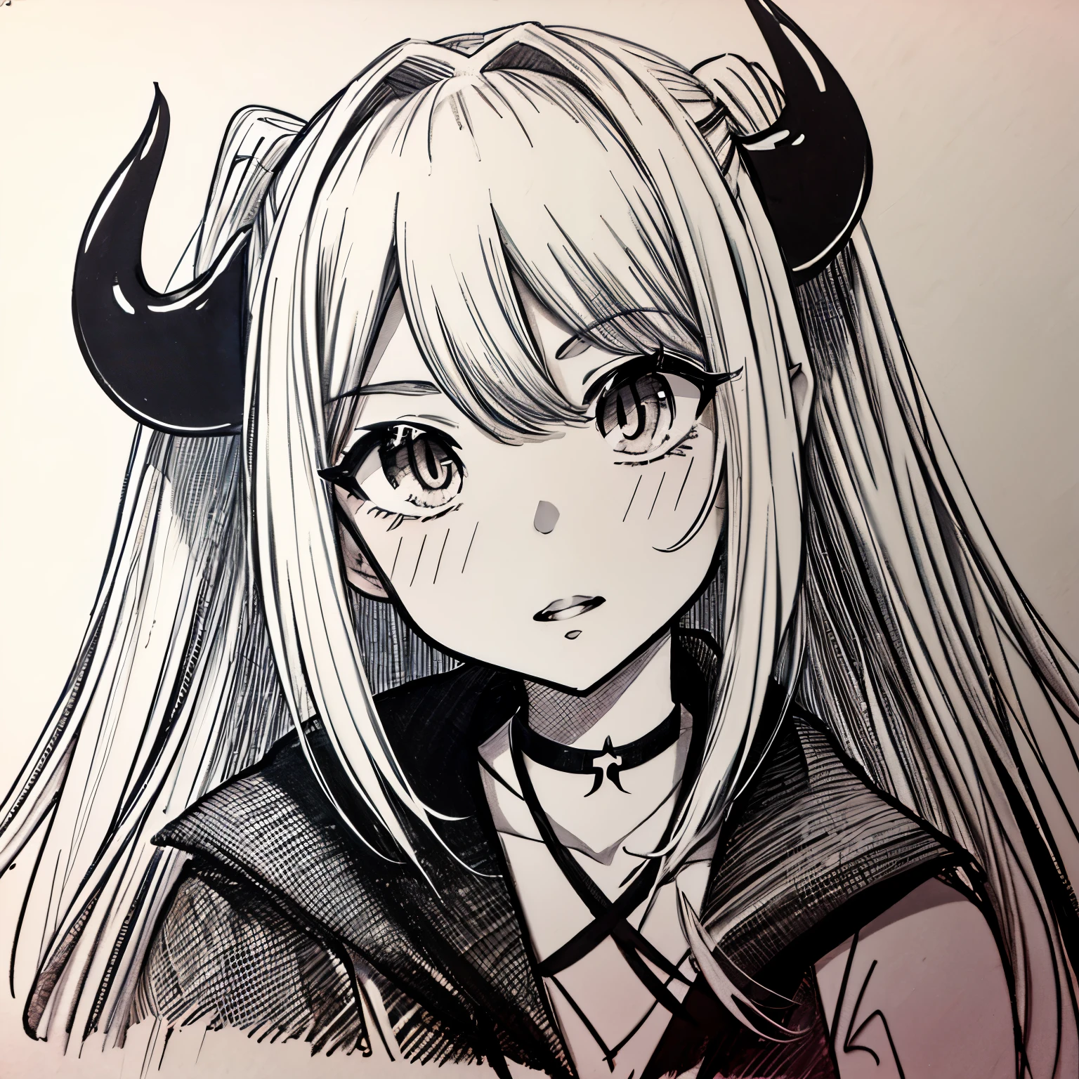 make a portrait of a devil horned girl in black and white colors