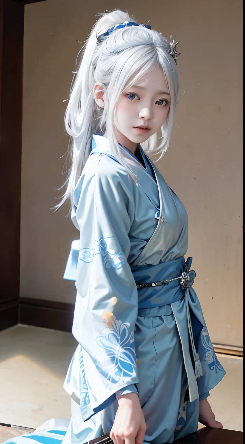 A beautiful girl with white hair and blue eyes、Stand dressed as a Japan samurai。her white hair blows in the wind、blue eyes have a sharp gaze。She wears a traditional samurai costume.、The bright kimono and helmet bring out the dignity..。The helmet has silver decorations.、I have a sword。she has the spirit of bushido.、Expressing elegance and strength at the same time。her presence、Symbolizes the pride and beauty of the samurai、Feel the fusion of history and modernity.。