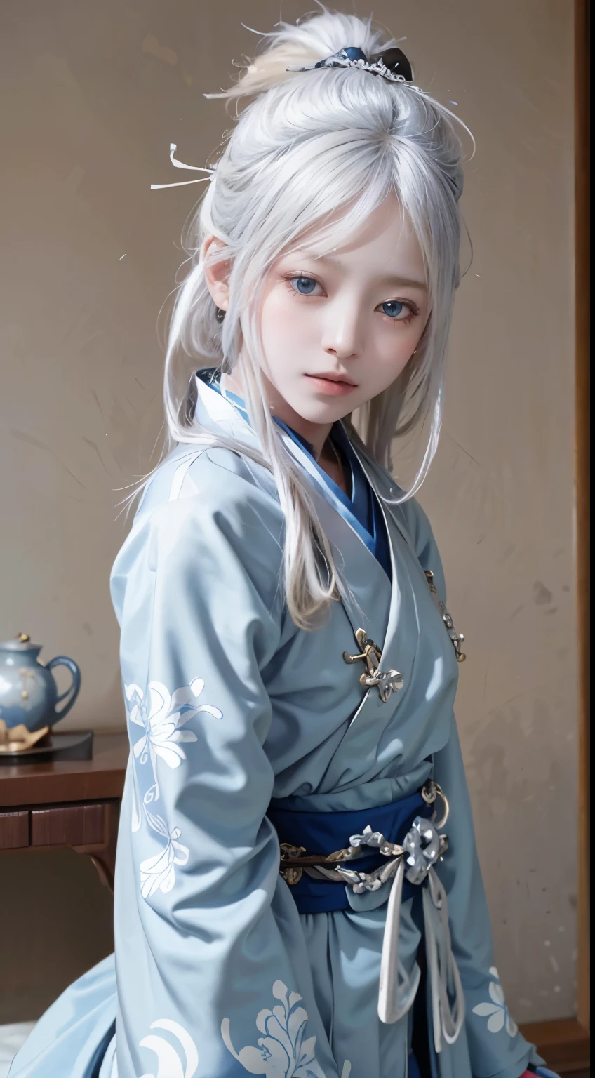 A beautiful girl with white hair and blue eyes、Stand dressed as a Japan samurai。her white hair blows in the wind、blue eyes have a sharp gaze。She wears a traditional samurai costume.、The bright kimono and helmet bring out the dignity..。The helmet has silver decorations.、I have a sword。she has the spirit of bushido.、Expressing elegance and strength at the same time。her presence、Symbolizes the pride and beauty of the samurai、Feel the fusion of history and modernity.。