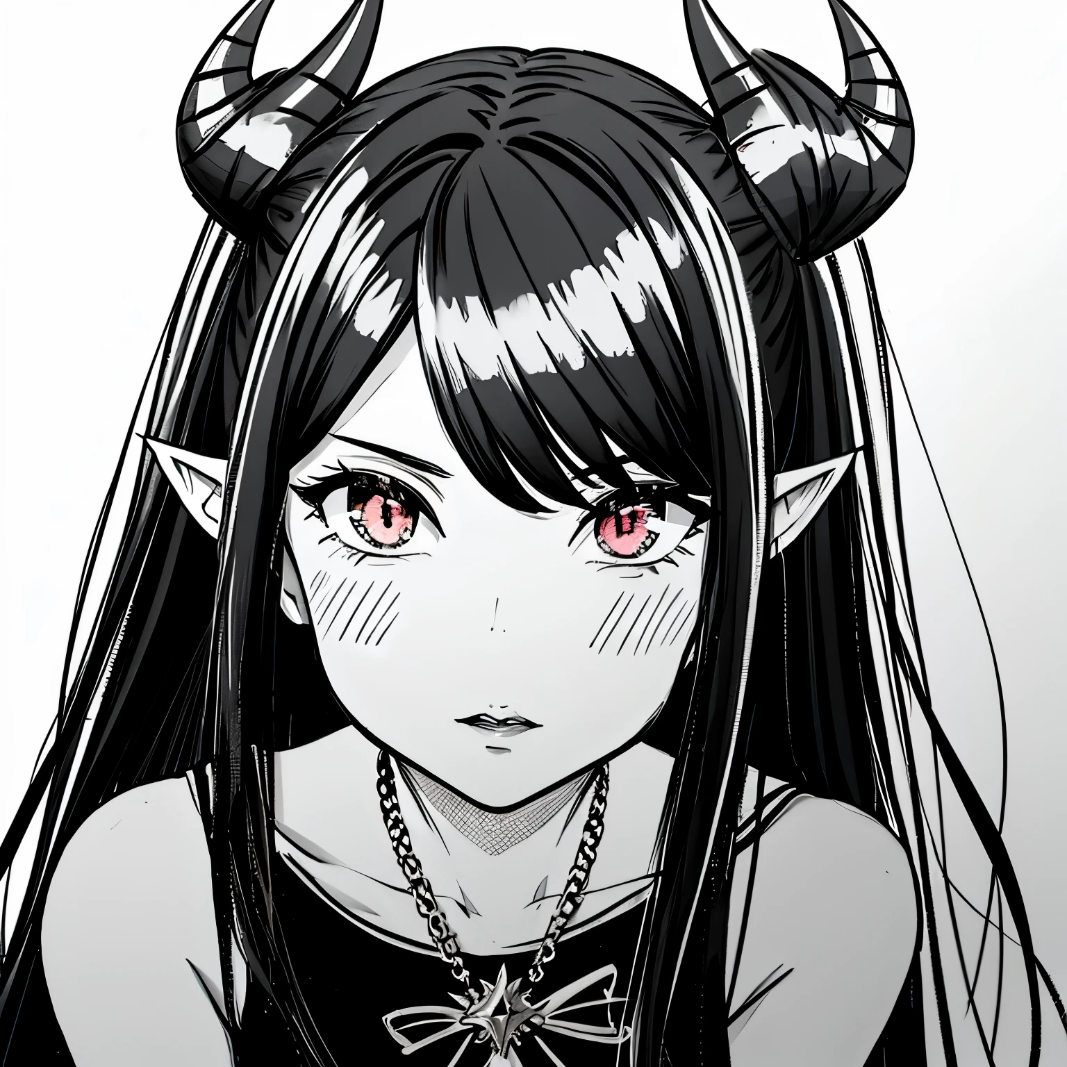 make a portrait of a devil horned girl in black and white colors