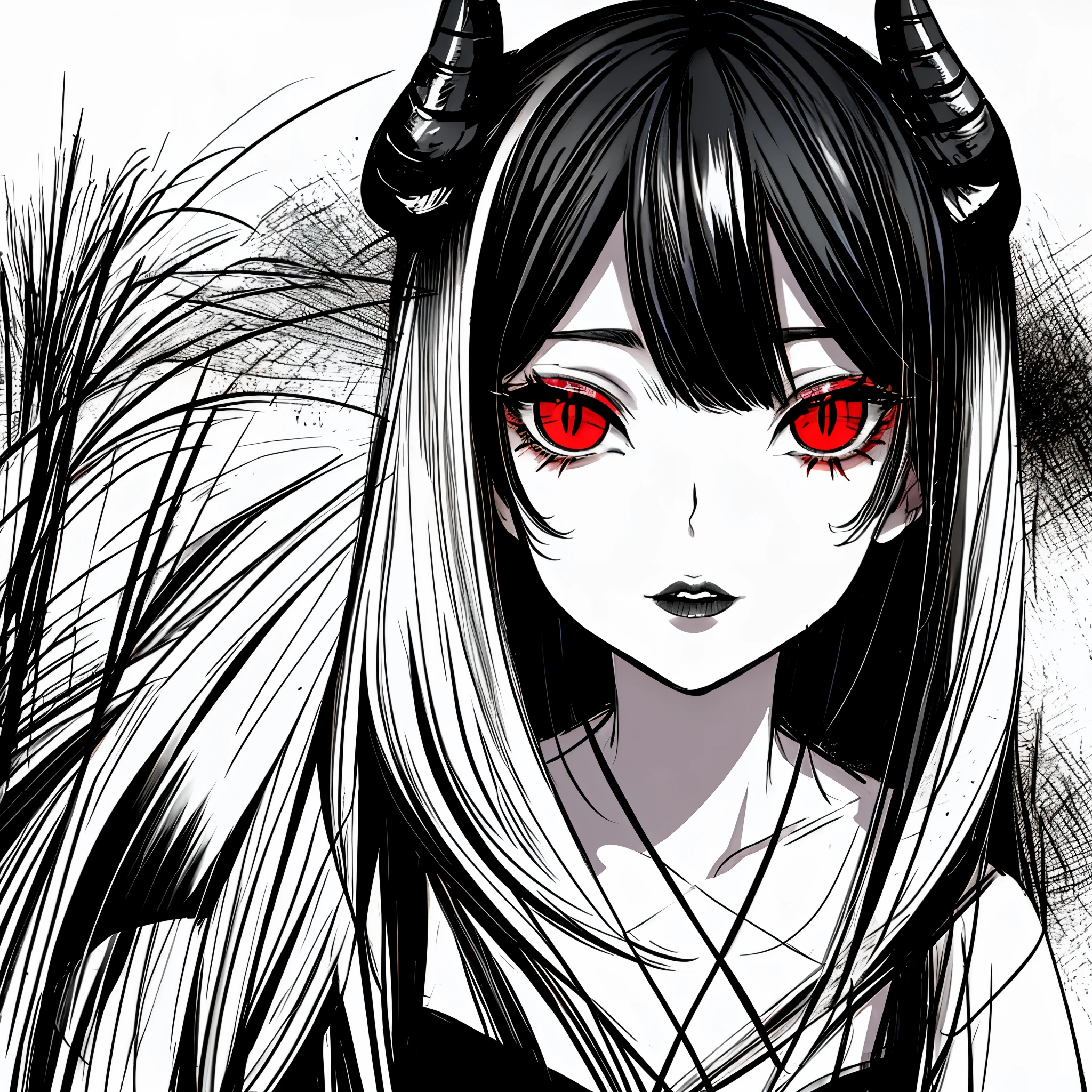 make a horror portrait of a devil horned girl with red eyes in black and white colors