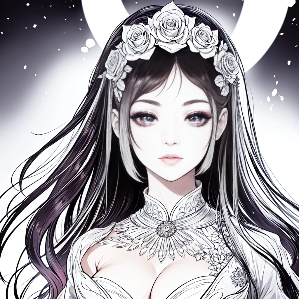 Portrait bust only, beautiful woman, queen of night and dreams, extra long hair, attractive and seductive regards, very colorfull, portrait bust