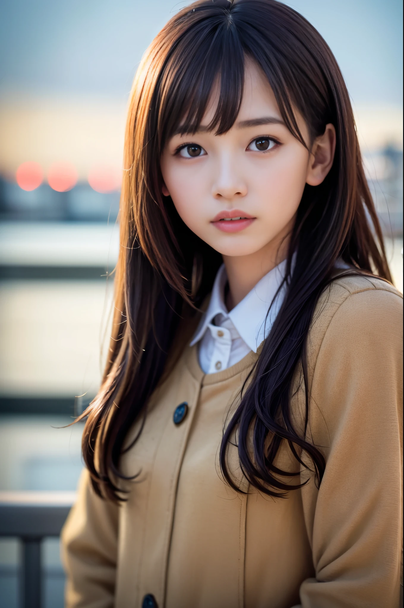 (8K, RAW photo, highest quality, masterpiece:1.3), (realistic, photo-realistic:1.4), (Highly detailed 8K wallpaper), sharp focus, Depth of written boundary,
japanese idol,very cute, baby face,(coat:1.3),(long hair :1.3), Upper body, highly detailed face and eyes,((shiny skin:1.2)), cinematic lighting, soft light, blur background, (A city with historical landmarks, such as a castle or a cathedral)