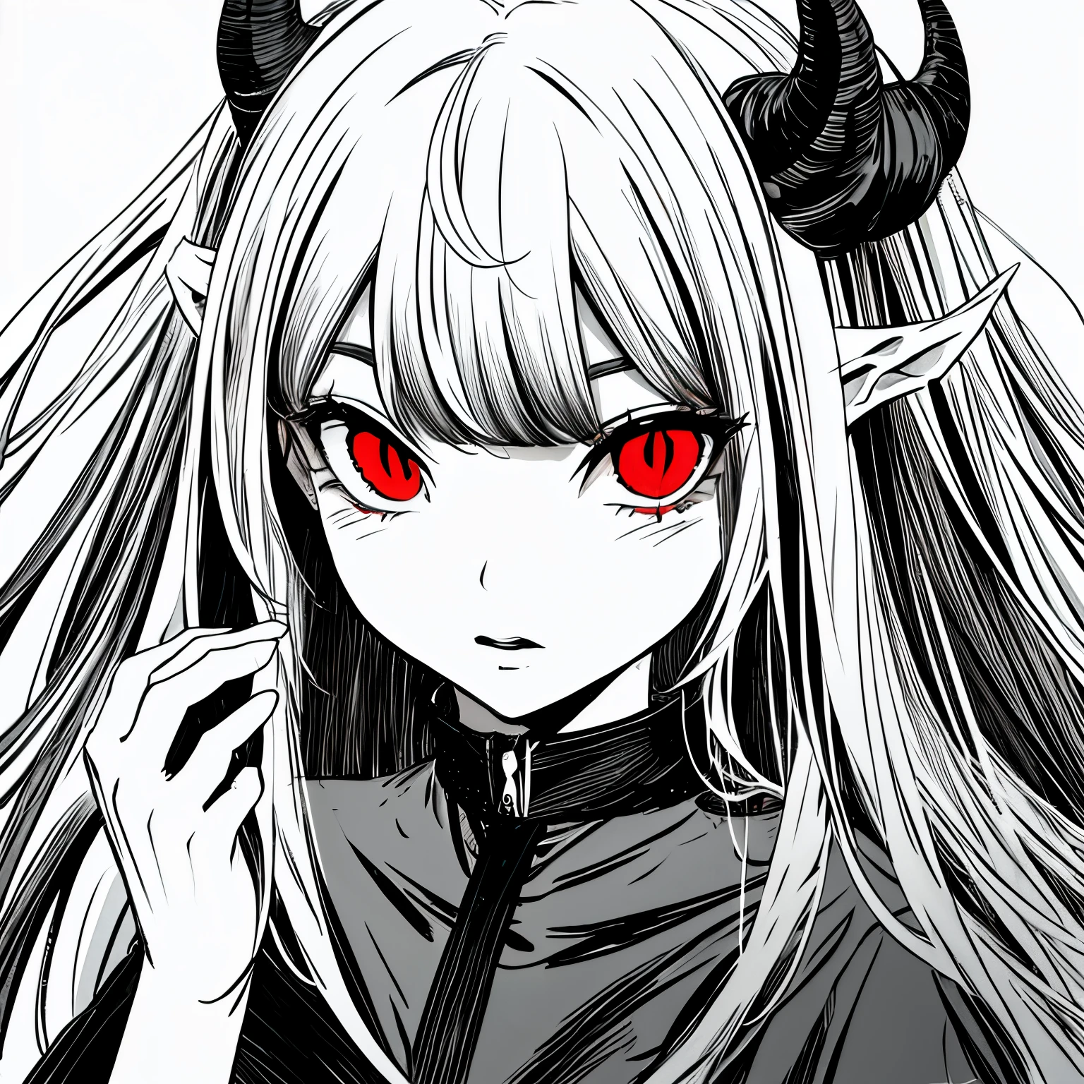 make a horror portrait of a devil horned girl with red eyes in black and white colors