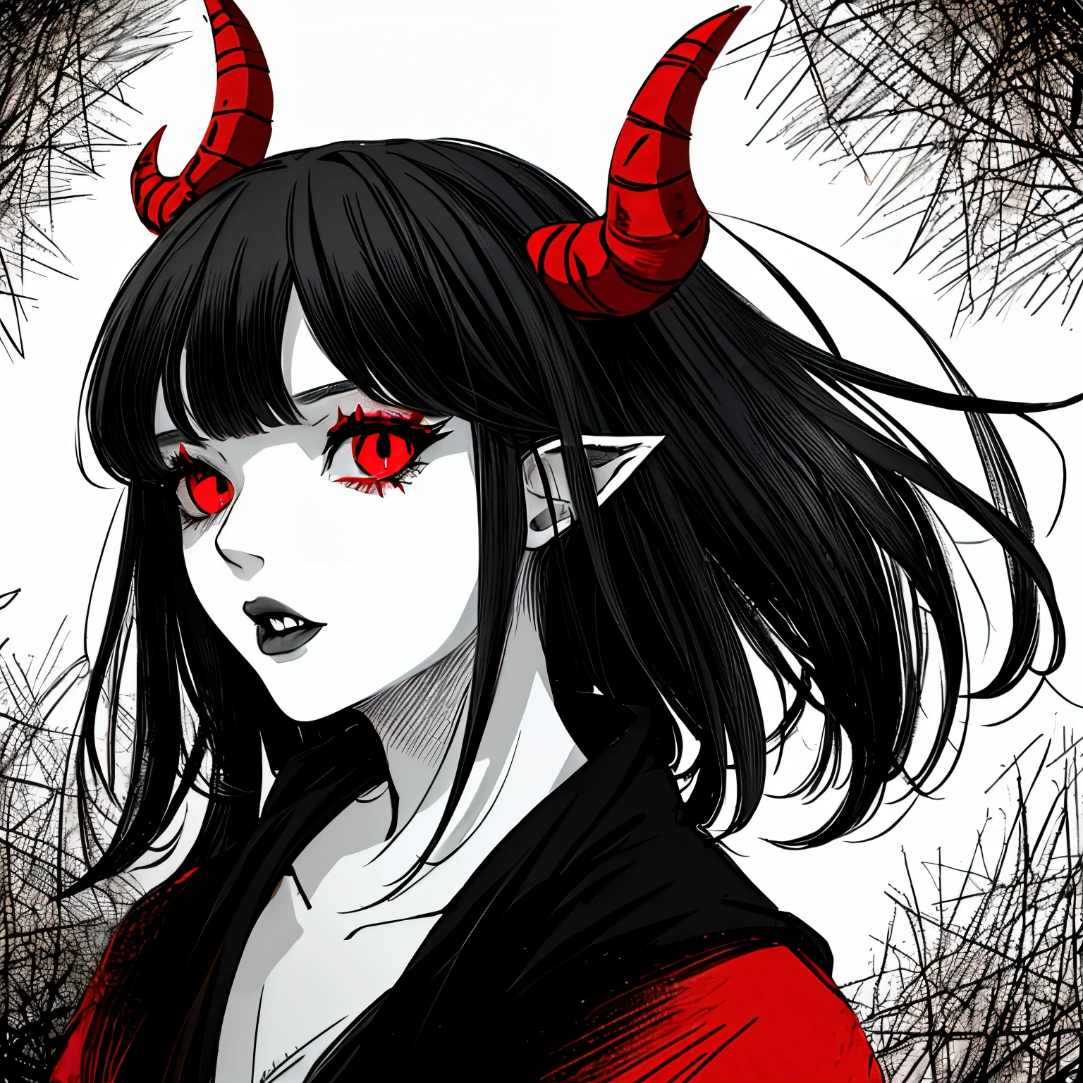 make a horror portrait of a devil horned girl with red eyes in black and white colors