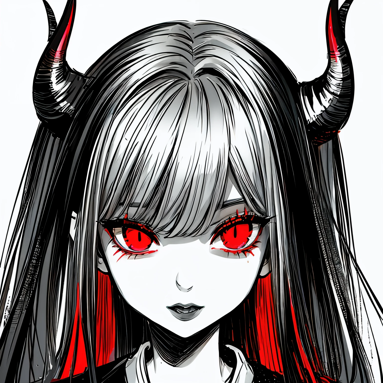 make a horror portrait of a devil horned girl with red eyes in black and white colors