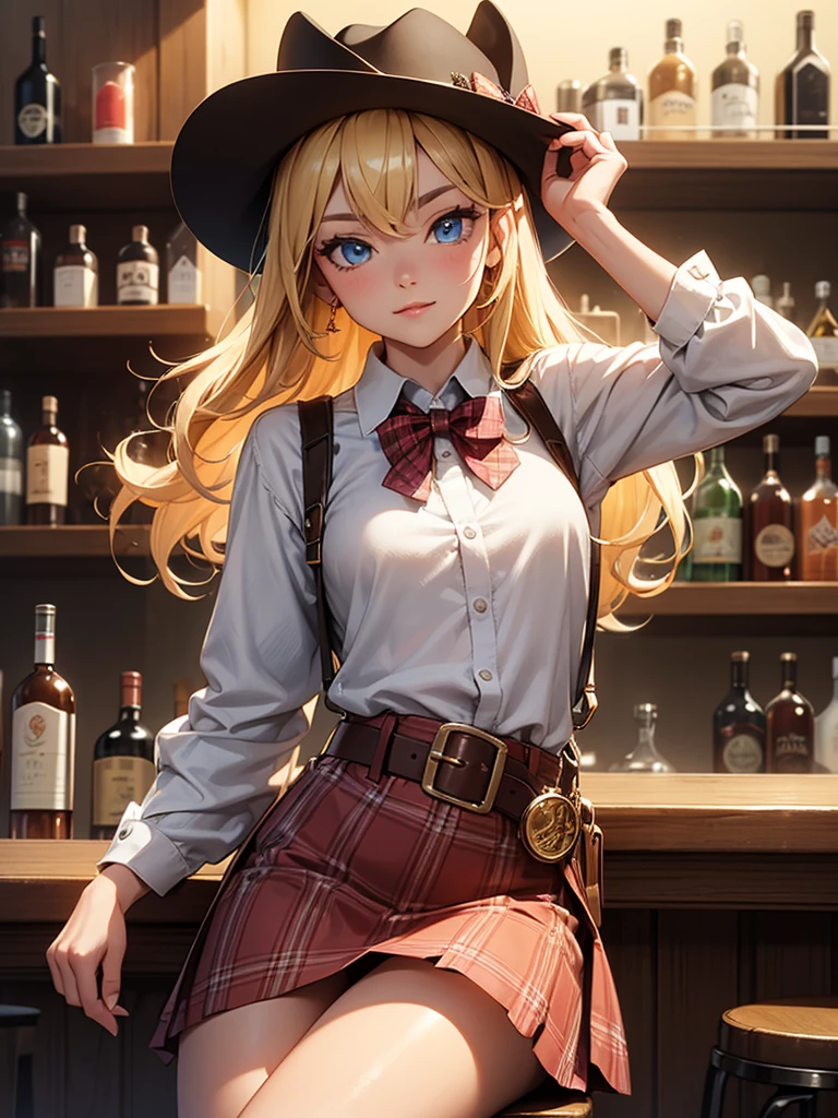 A woman wearing an old western style white dress, brown leather boots, cowgirl hat, exposed shoulder, exposed neck, big breasts, blonde hair, long hair, pigtails, long pigtails, green eyes, smiling, perfect face, perfect eyes, in a Faroest style bar, with wooden tables, bar made of wood, Faroest aesthetics, wooden bucket, wooden glasses with alcohol, standing upright.UHD, masterpiece, accurate, anatomically correct, textured skin, super detail, high quality, best quality, 8k, high resolution, bokeh effect.(solo woman),white gloves, realistic, close view.
