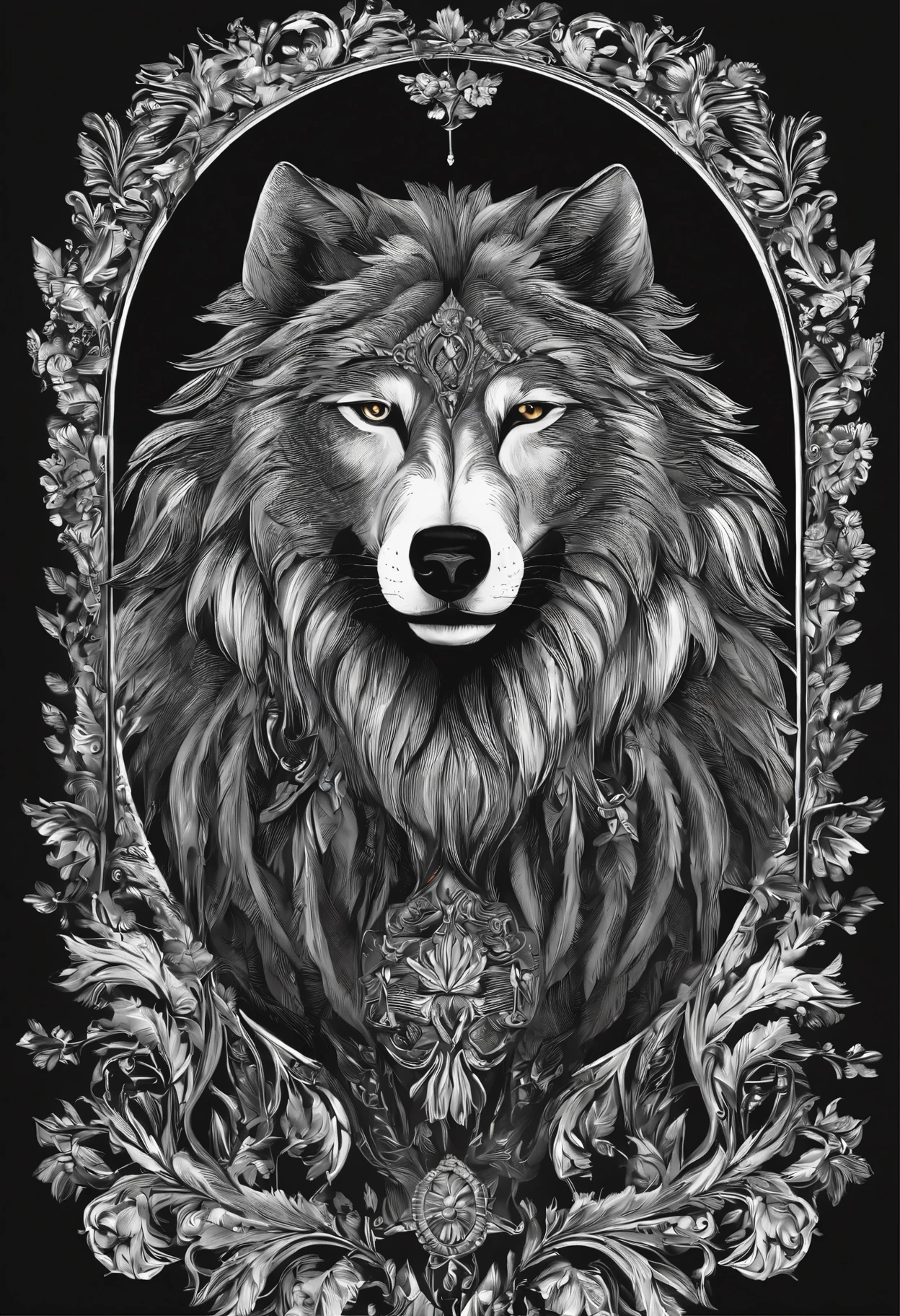 estandarte com (lobo feroz) em preto e branco, fundo transparente