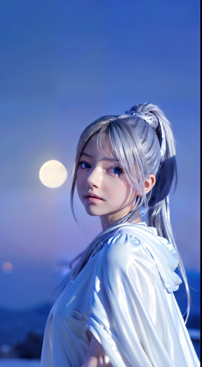 masterpiece, (highest quality:1.2), (super detailed:1.2), figure, (very delicate and beautiful:1.2),cinematic angle,floating, (beautiful and fine eyes:1.1), (detailed light:1.1),cinematic lighting, beautiful and detailed sky, woman, gray hair, blue eyes, (high ponytail:1.1), cloak, shining eyes, (moon:1.2), (moonlight:1.1), starry sky, (lighting particles:1.1), fog, snow painting, sketch, bloom