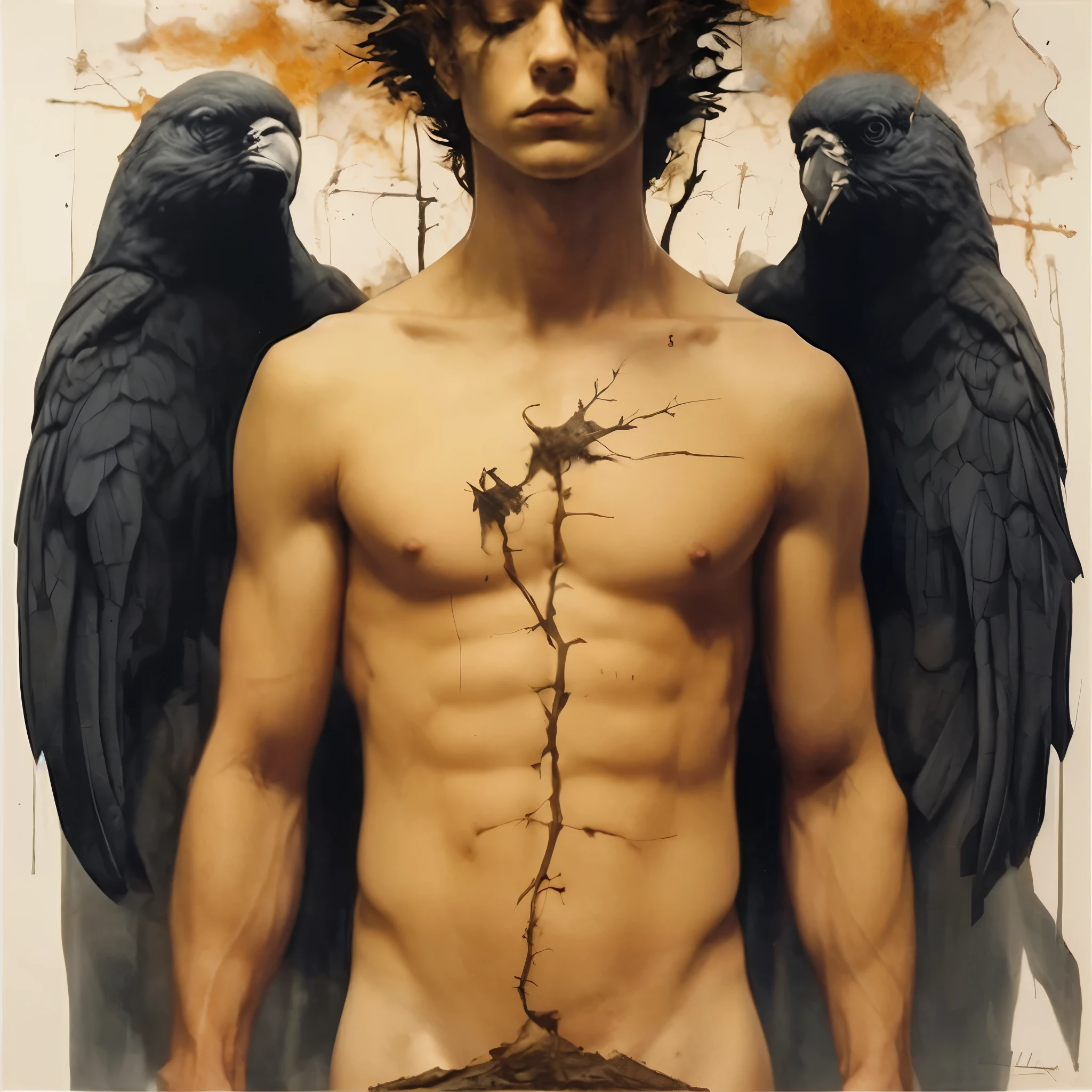 the figure of a handsome young man in complex double exposure art by Alex Stoddard, Natalia Drepina and Brooke Shaden surreal postcard on cracked paper, extremely dynamic, unusual, vintage