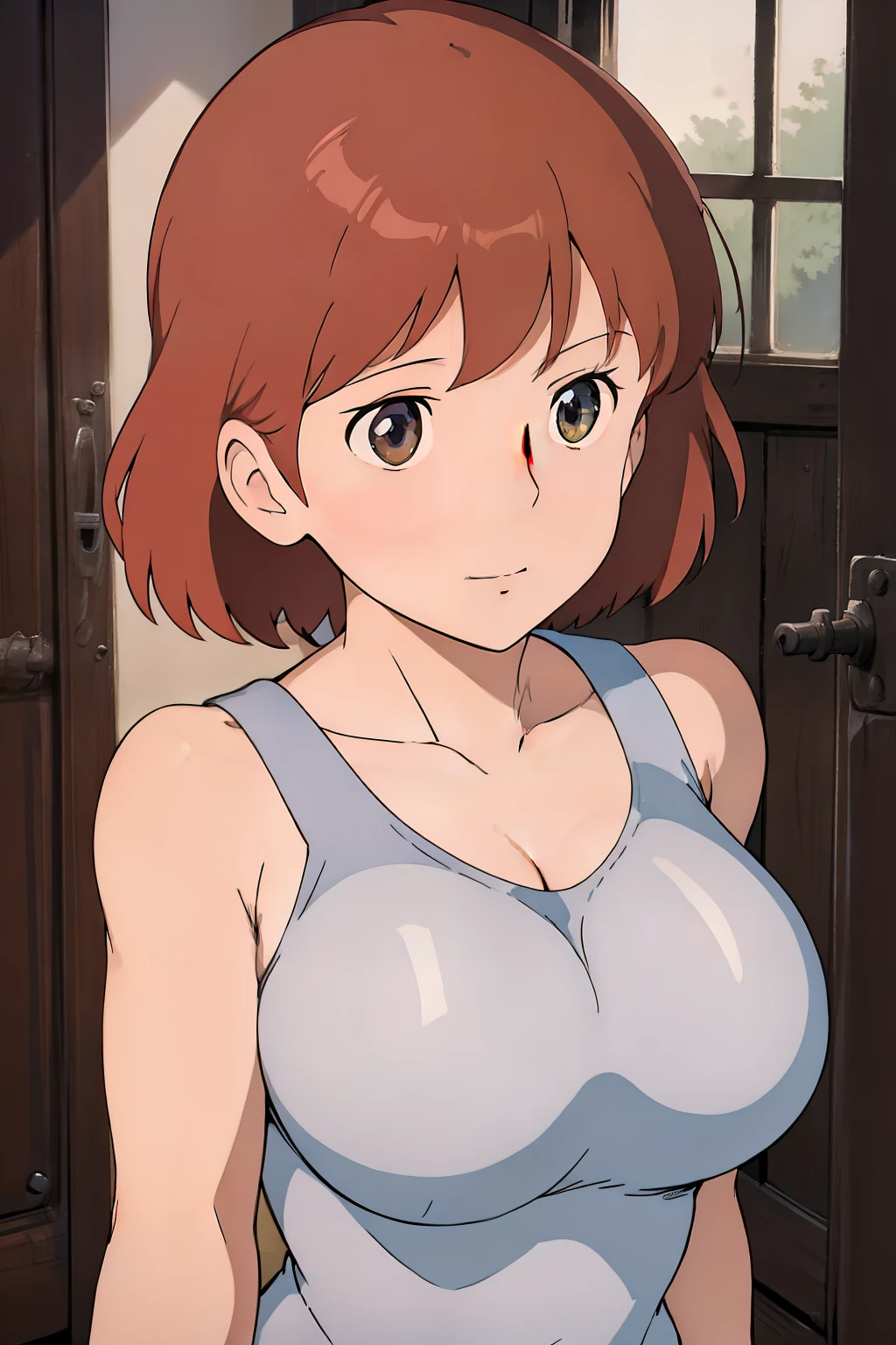 Nausicaa, 1girl, solo, cute, blush, slim, brown hair, (looking at away, cleavage), upper body, huge breasts, (white tanktop:1.5), sit, bed, (perfect detailed anatomy, beautiful face&eyes, beautiful skin, perfect body)