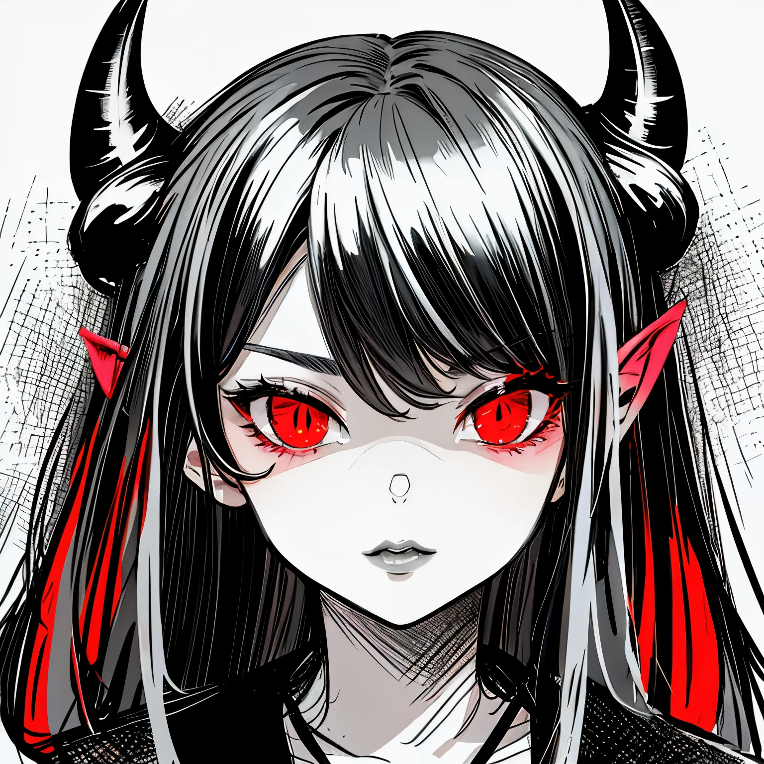 make a portrait of a devil horned girl face with red eyes in black and white colors