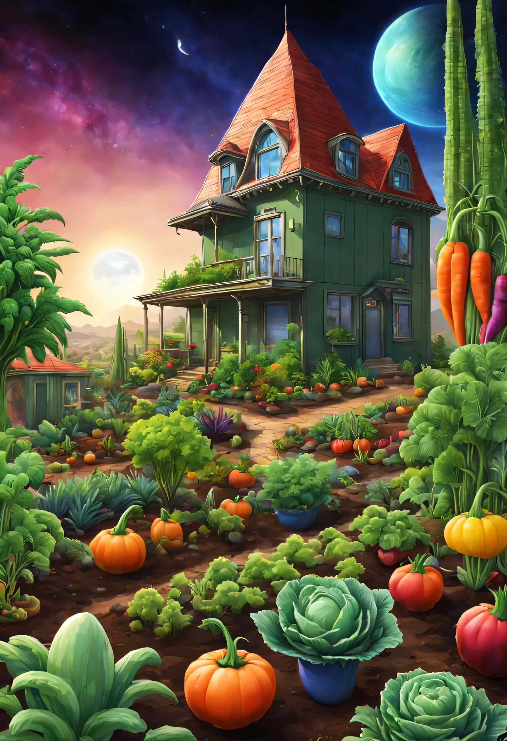 Sur une planète extraterrestre lointaine, un extraterrestre s'occupe de son potager rempli de légumes multicolores et de fruits appétissants, au loin on voit cette maison. Le tout dans un style Xeriscaping Designs