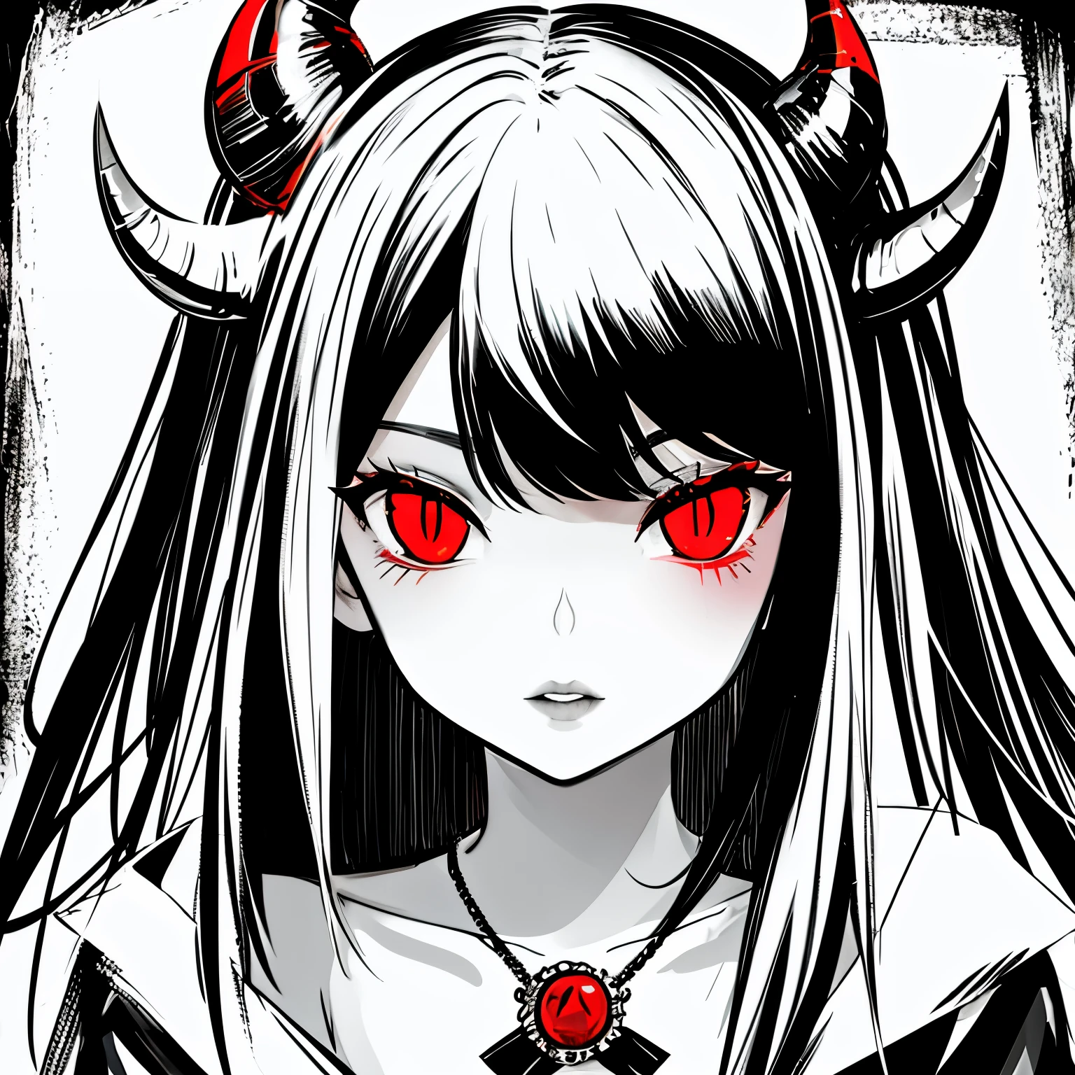 make a portrait of a devil horned girl face with red eyes in black and white colors