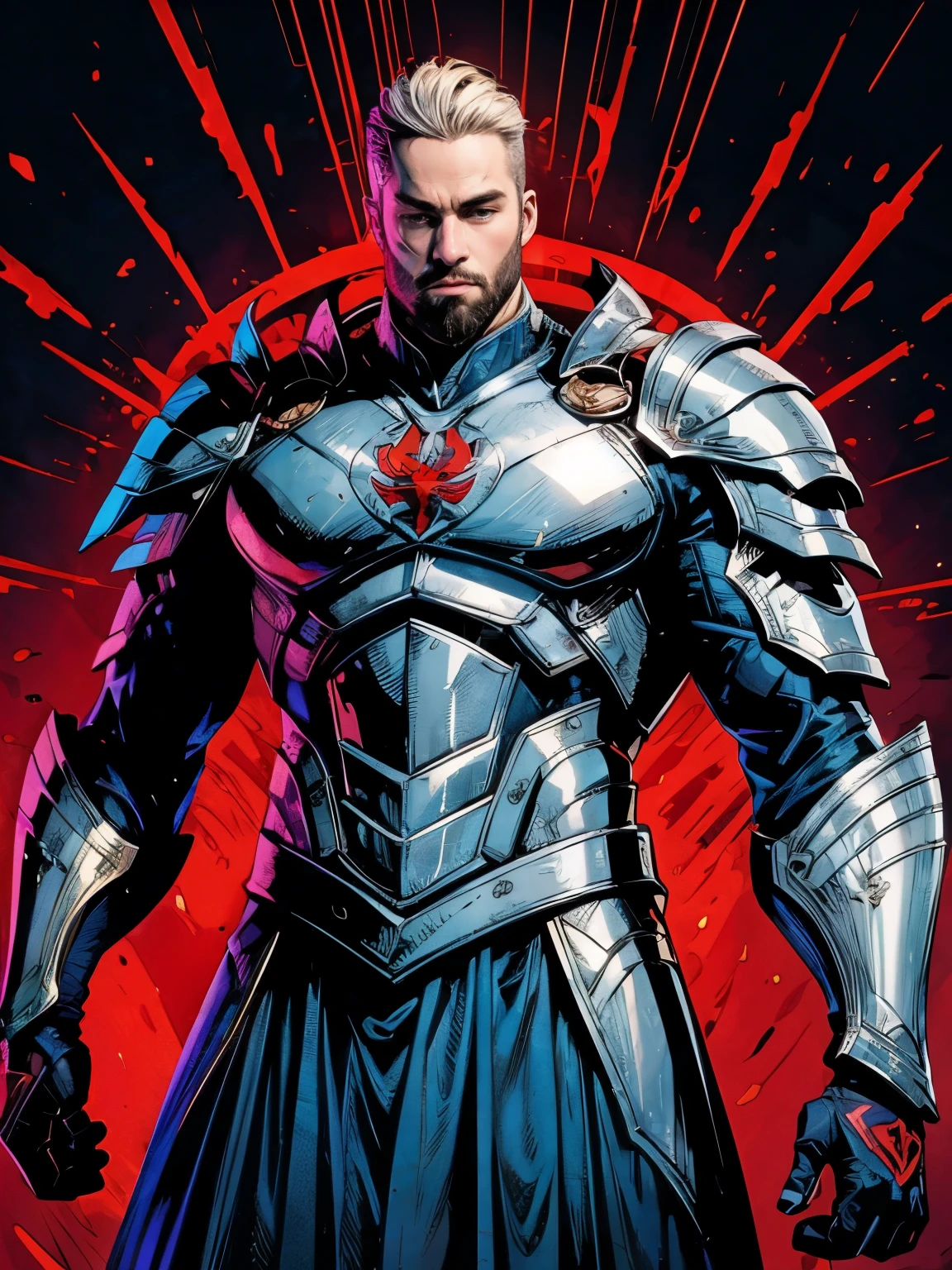 ((Realistic Comic style)). Epic war Portrait of Aegon I. Short silver hair, wavy, violet eyes, penetrating, masculine, thick beard, tall, muscular, broad shoulders, imposing build, pale skin, wearing black and red armor with the symbol of the house Targaryen, confident, ambitious, relentless.  Detailed, good quality, masterpiece, cinematic lighting. Flames in background. 