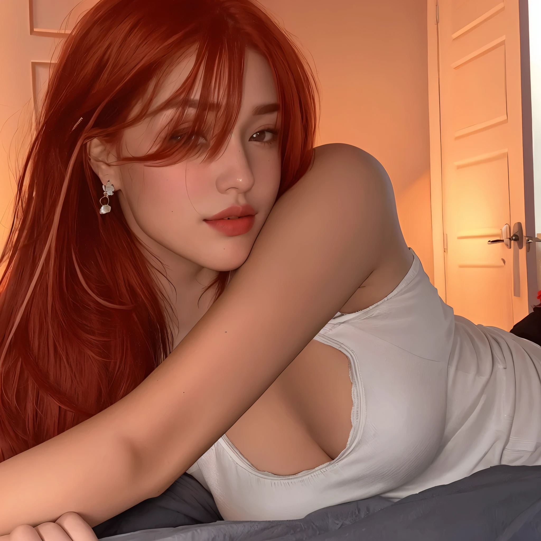 portrait photo of LenkaRegalova beautiful woman, red hair, topknot, in bed, touching her self, pink shorts, white crop top, legs spread (masterpiece) (best quality) (detailed) (8k) (HDR) (wallpaper) (cinematic lighting) (sharp focus) (intricate)