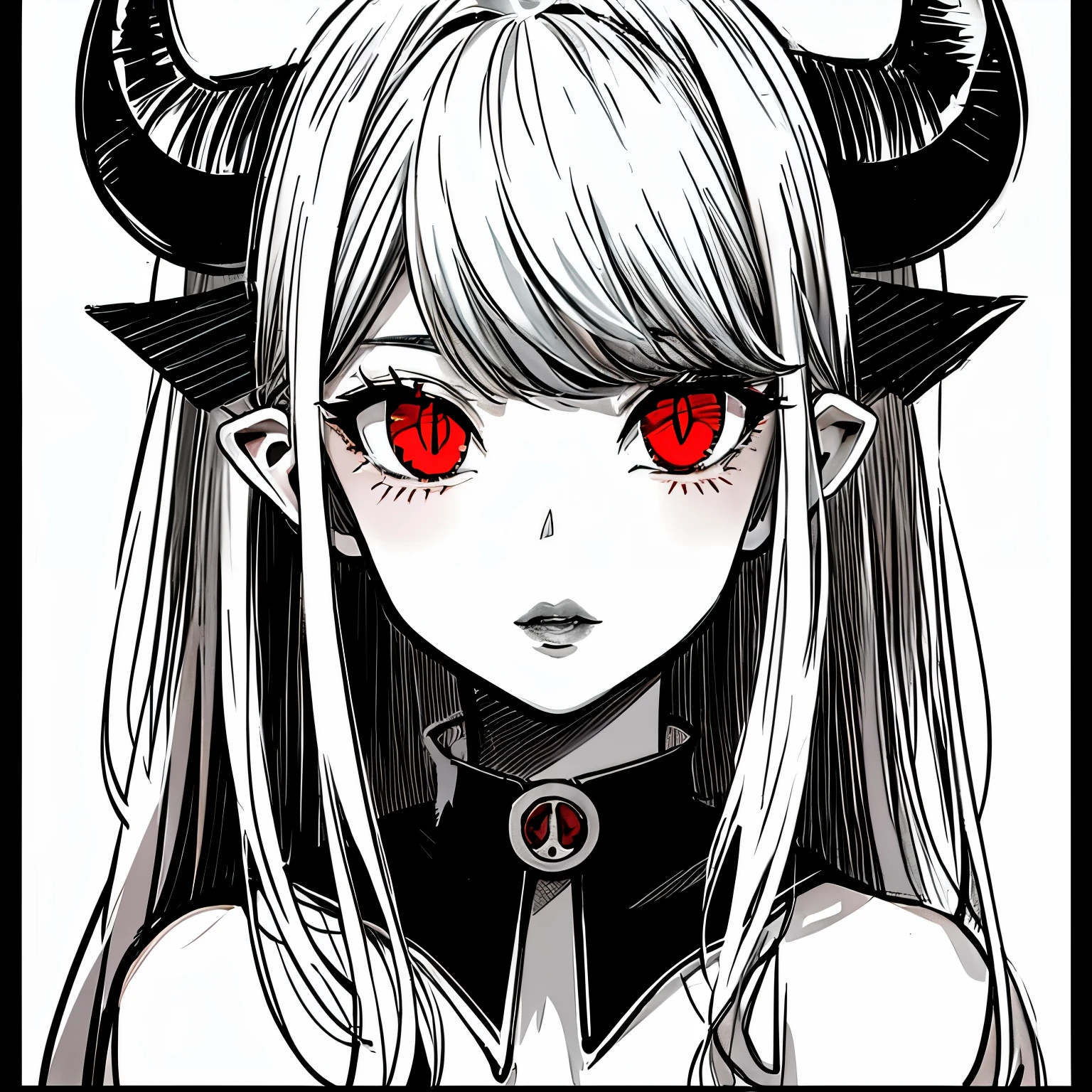 make a portrait of a devil horned girl face with red eyes in black and white colors