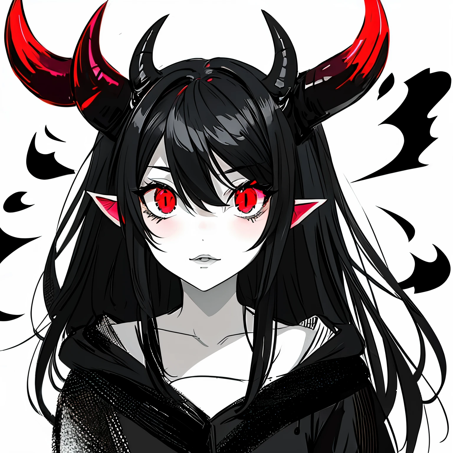 make a portrait of a devil horned girl face with red eyes in black and white colors