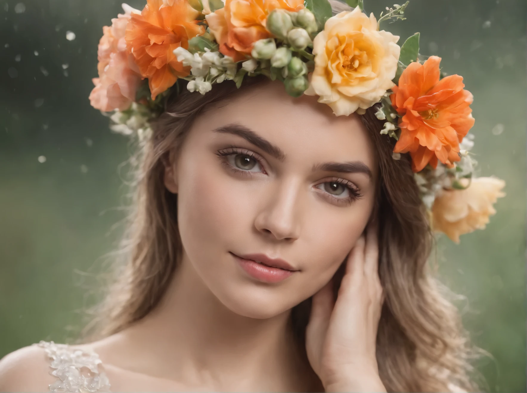 a woman com flores in her hair and a flower crown on her head, mulher em flores, garota em flores, covered com flores, female portrait com flores, com flores, coberto de flores, linda mulher, cheerful woman made of petals, deusa das flores, girl with a cara de flor, feito de flores, rosto lindo, rainha das flores, cara de flor, Flores bonitas