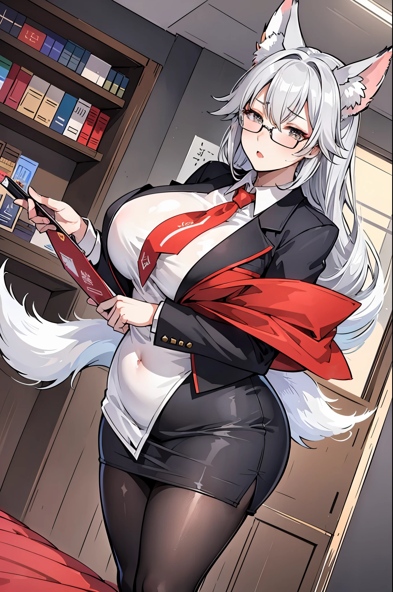 (masterpiece), best quality, expressive eyes, perfect face, tired face, stressed, mommy Kitsune, Fox Ears, Fox Tail, scruffy tail, ((Foxgirl President of the United States)), Gray eyes, lipstick, thick frame glasses, diamond in the rough, needs love and attention, chubby, milf, Gray hair, gray tail, gray fox ears, gray fur, President suit, Pencil skirt, suit jacket, stressed world leader, tired but beautiful, standing behind presidential podium, in oval office, Old tired but beautiful milf Kitsune President is standing behind the Presidential podium giving a speech inside the Oval Office, american flag in background, America, ((watercolor speedart illustration)), pantyhose, dynamic angle, holding clipboard