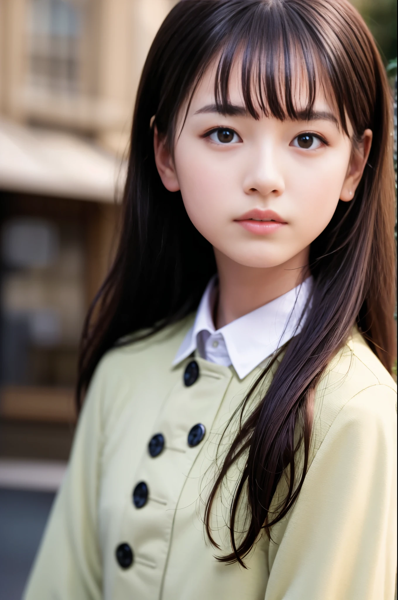 (8K, RAW photo, highest quality, masterpiece:1.3), (realistic, photo-realistic:1.4), (Highly detailed 8K wallpaper), sharp focus, Depth of written boundary,
japanese idol,very cute, ,(coat:1.3),(long hair :1.3), Upper body, highly detailed face and eyes,((shiny skin:1.2)), cinematic lighting, soft light, blur background, (A city with historical landmarks, such as a castle or a cathedral)