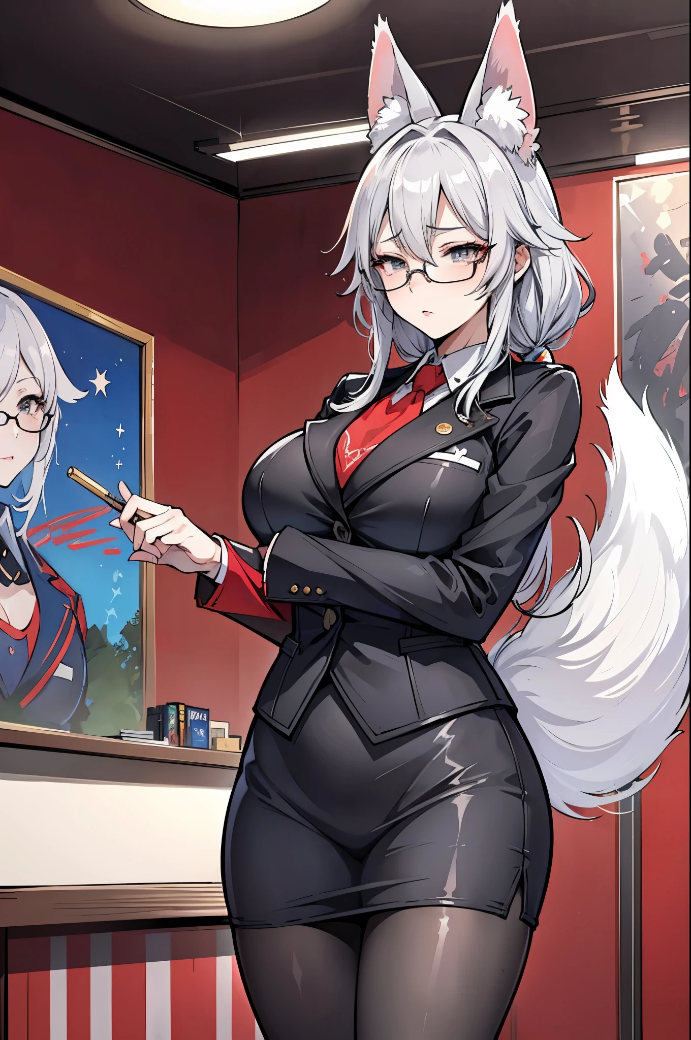 (masterpiece), best quality, expressive eyes, perfect face, tired face, stressed, mommy Kitsune, Fox Ears, Fox Tail, scruffy tail, ((Foxgirl President of the United States)), Gray eyes, lipstick, thick frame glasses, diamond in the rough, needs love and attention, chubby, milf, Gray hair, gray tail, gray fox ears, gray fur, President suit, Pencil skirt, suit jacket, stressed world leader, tired but beautiful, standing behind presidential podium, in oval office, Old tired but beautiful milf Kitsune President is standing behind the Presidential podium giving a speech inside the Oval Office, american flag in background, America, ((watercolor speedart illustration)), pantyhose, dynamic angle, holding clipboard